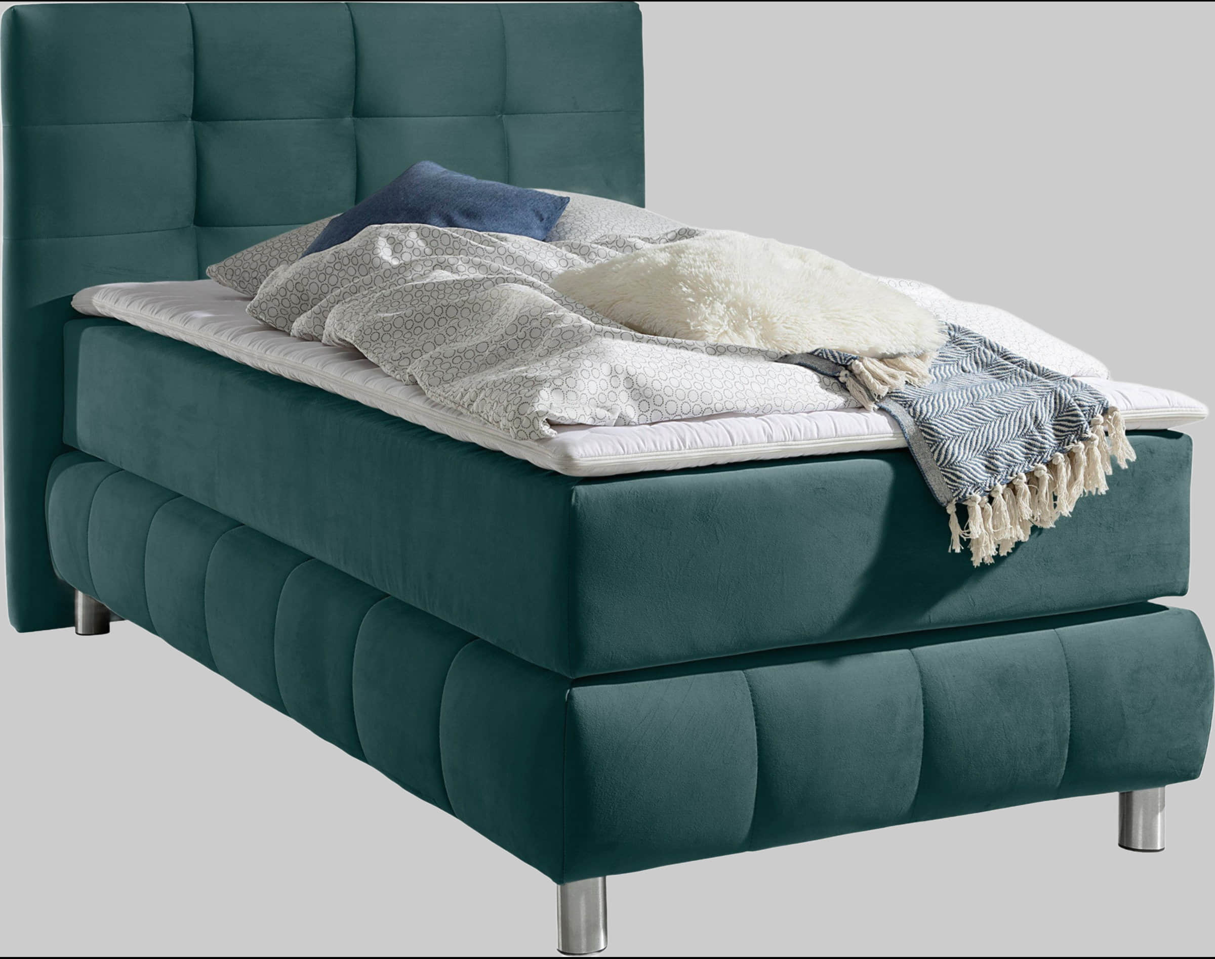 andas andas Boxspringbett Salo | Inkl. Premium-Topper | 6 Breiten (90-200cm) | 2 Härtegrade + TFK H4 Option | Elegantes Karostepp-Kopfteil petrol Betten