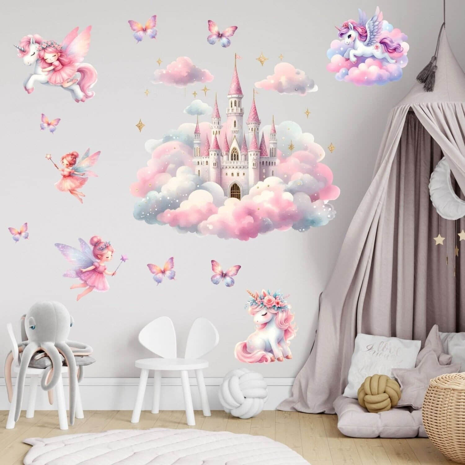 nikima Premium Wandtattoo 262: Enchanted Castle on Clouds with Fairies & Unicorns Wall Decal (6 Sizes) - High-Quality PVC Film - Made in Germany nikima Kinderzimmer