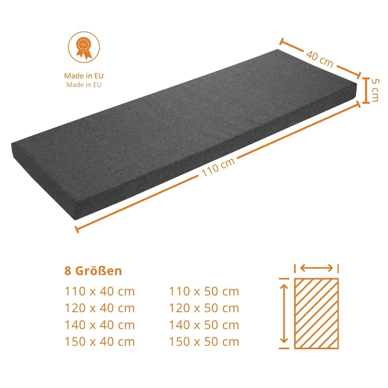 sleepling sleepling Premium Bench Cushion - Dense Woven Sofa Fabric with Anti-Slip Base | Washable Cover | EU-Made Comfort Foam | 120-200cm Width Options dunkelgrau Dekoration