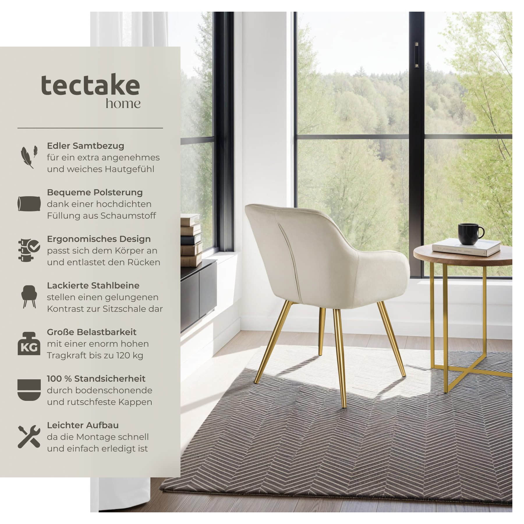 tectake Stühle tectake® Marilyn Samt Stuhl Set (6er Set) - Premium Esszimmerstühle mit Armlehnen, moderne Schalenstühle in Knoten-Optik für Wohnzimmer & Küche, bequeme Sessel in Sand creme/gold