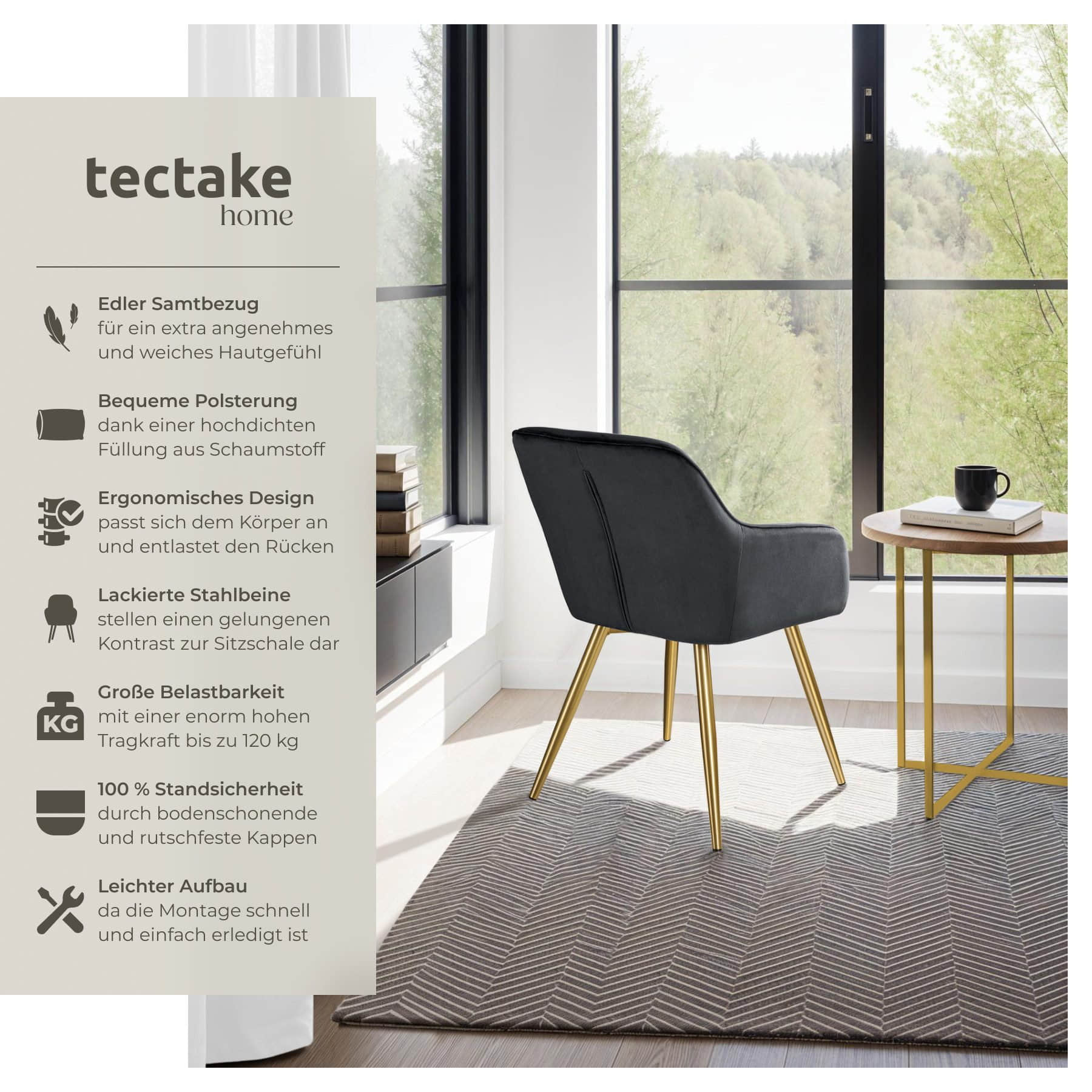 Stühle tectake tectake® Marilyn Samt Stuhl Set (6er Set) - Premium Esszimmerstühle mit Armlehnen, moderne Schalenstühle in Knoten-Optik für Wohnzimmer & Küche, bequeme Sessel in Sand schwarz/gold