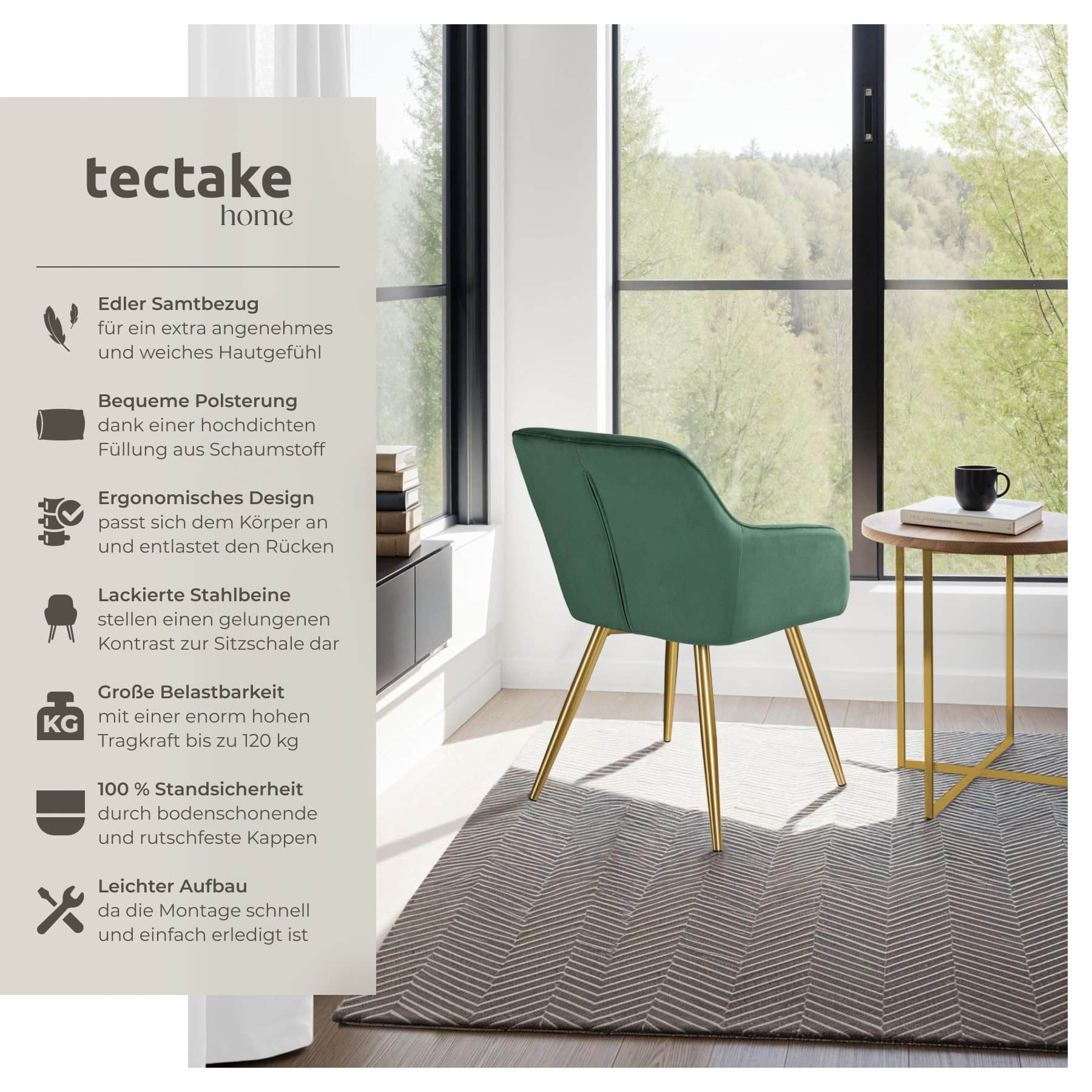 tectake® Marilyn Samt Stuhl Set (6er Set) - Premium Esszimmerstühle mit Armlehnen, moderne Schalenstühle in Knoten-Optik für Wohnzimmer & Küche, bequeme Sessel in Sand dunkelgrün Stühle tectake