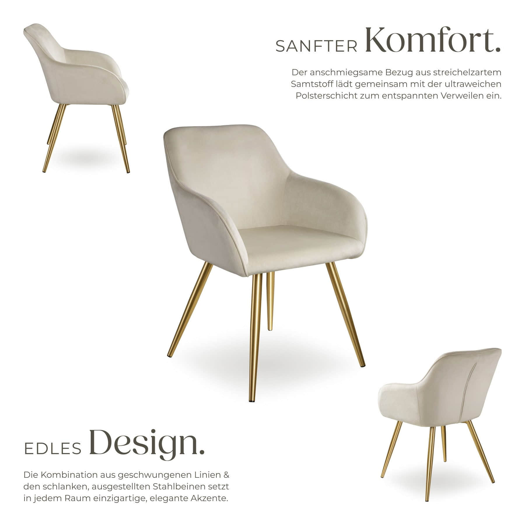 tectake Stühle tectake® Marilyn Samt Stuhl Set (6er Set) - Premium Esszimmerstühle mit Armlehnen, moderne Schalenstühle in Knoten-Optik für Wohnzimmer & Küche, bequeme Sessel in Sand creme/gold