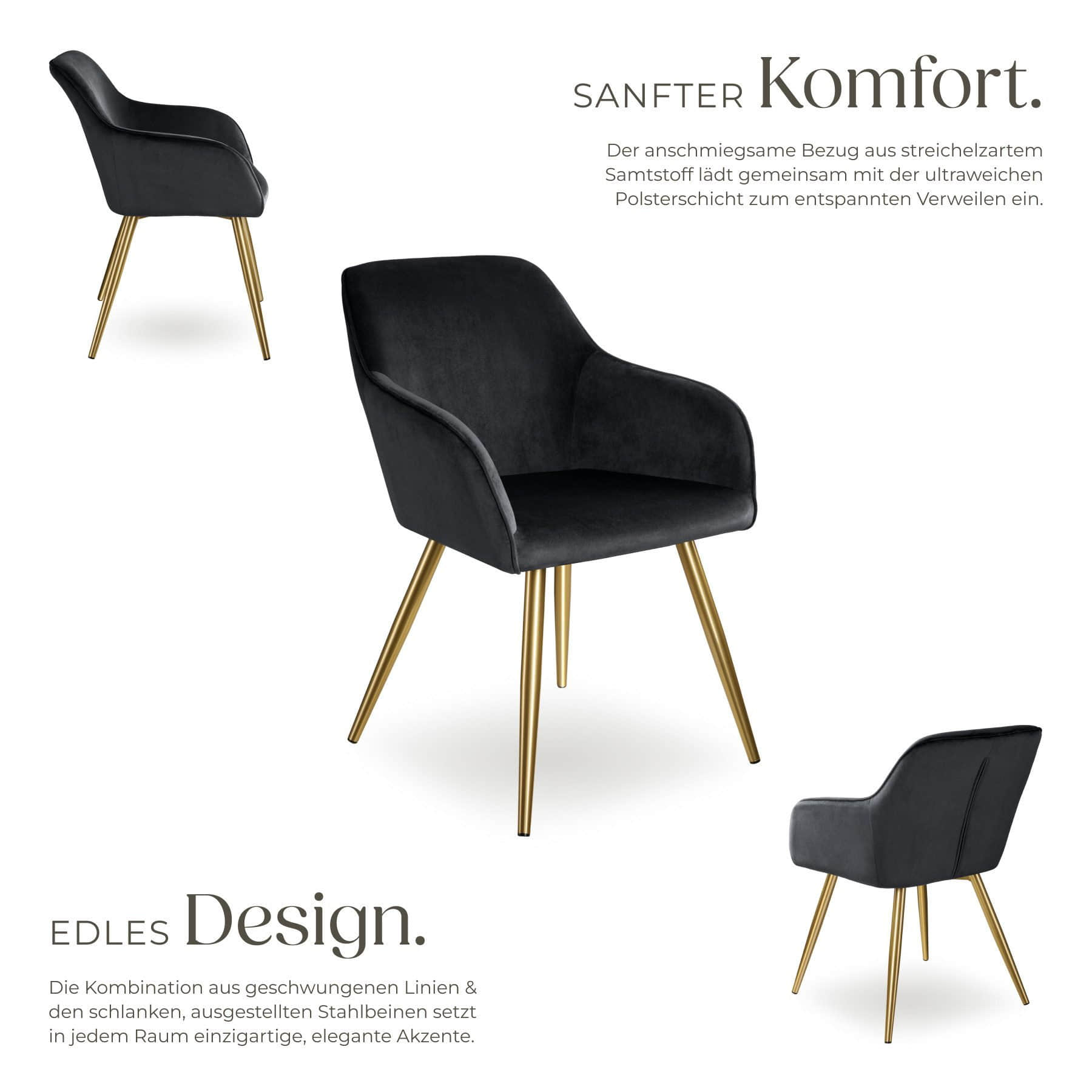 Stühle tectake tectake® Marilyn Samt Stuhl Set (6er Set) - Premium Esszimmerstühle mit Armlehnen, moderne Schalenstühle in Knoten-Optik für Wohnzimmer & Küche, bequeme Sessel in Sand schwarz/gold