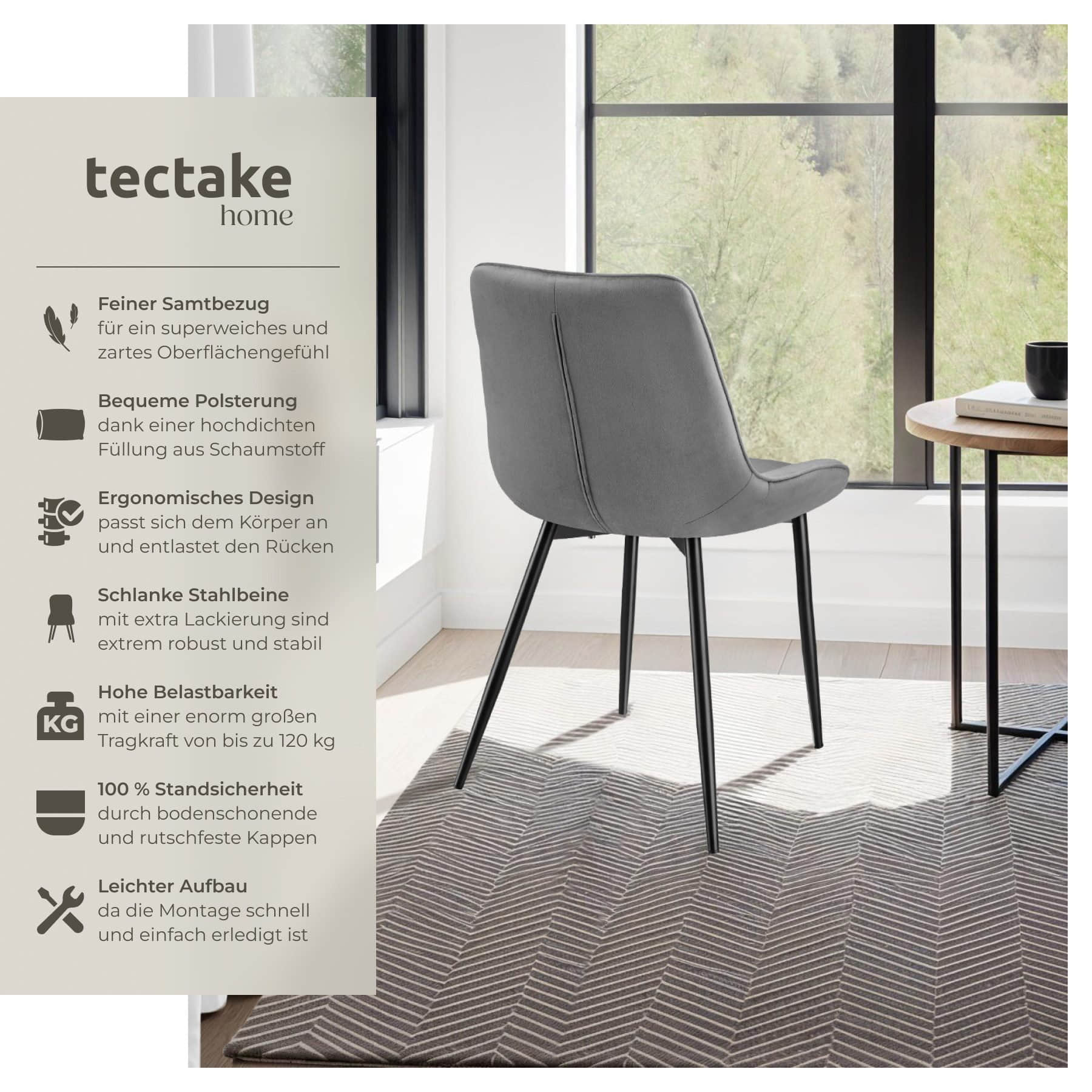 tectake tectake Monroe Esszimmerstuhl Set (2er-Set) - Luxus Polsterstühle mit Samtbezug & Metallbeinen - Grau - 48x59x82,5cm - 120kg Belastung grau Stühle