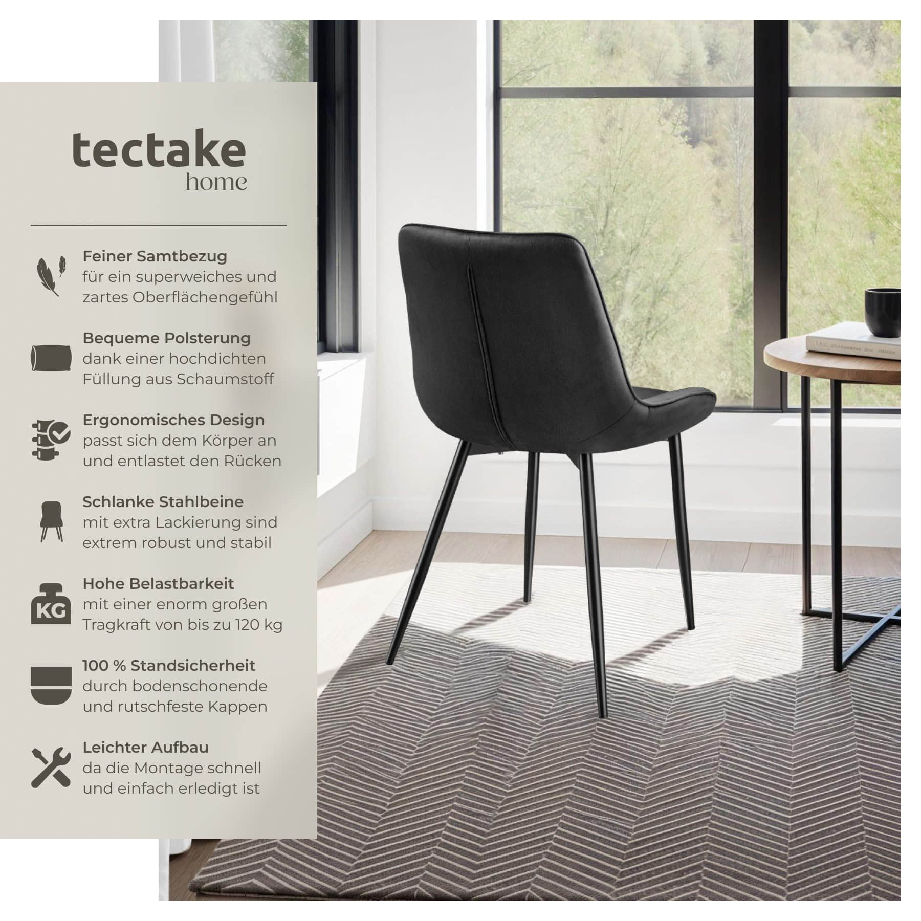 tectake Monroe Esszimmerstuhl Set (2er-Set) - Luxus Polsterstühle mit Samtbezug & Metallbeinen - Grau - 48x59x82,5cm - 120kg Belastung schwarz tectake Stühle
