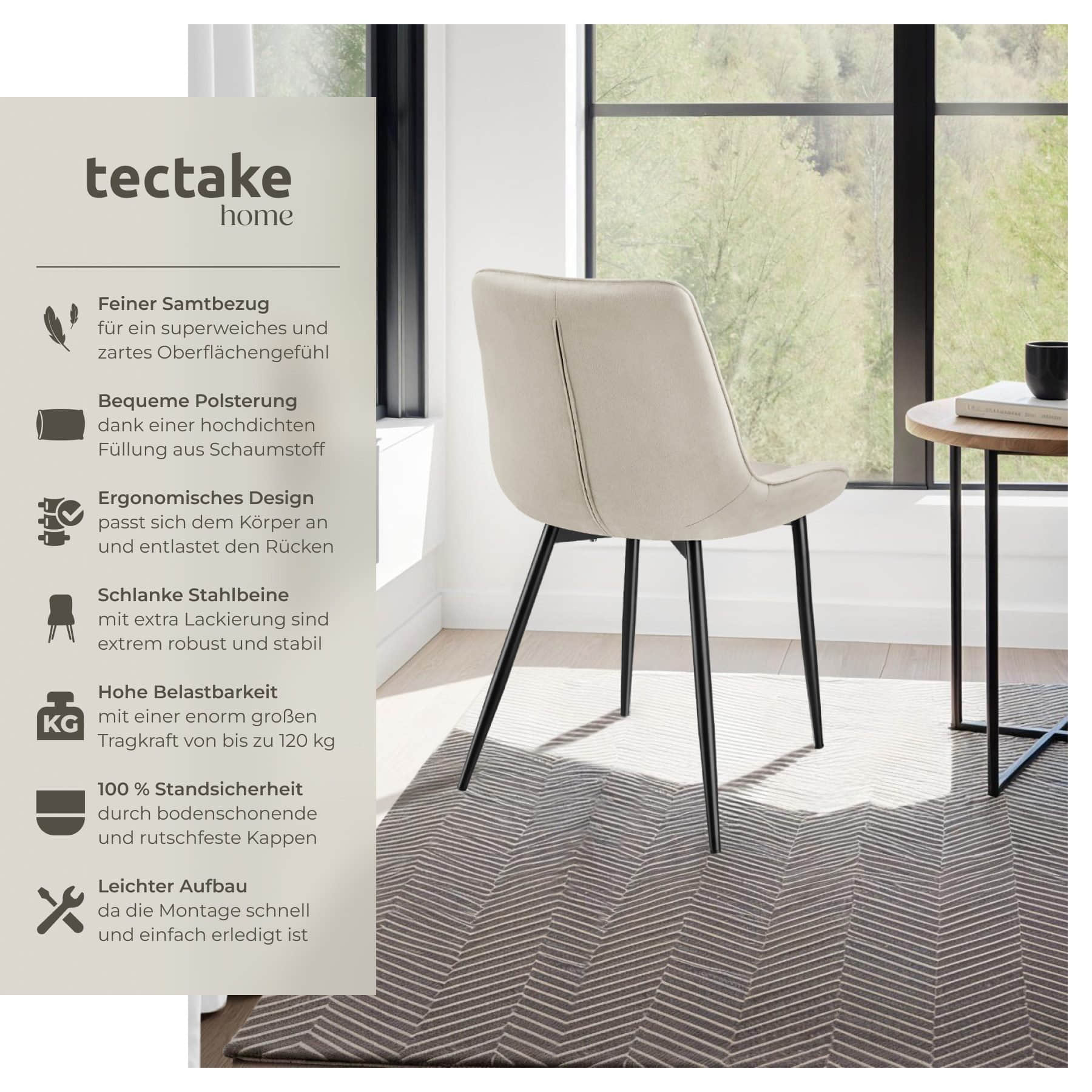 tectake Monroe Esszimmerstuhl Set (2er-Set) - Luxus Polsterstühle mit Samtbezug & Metallbeinen - Grau - 48x59x82,5cm - 120kg Belastung creme Stühle tectake