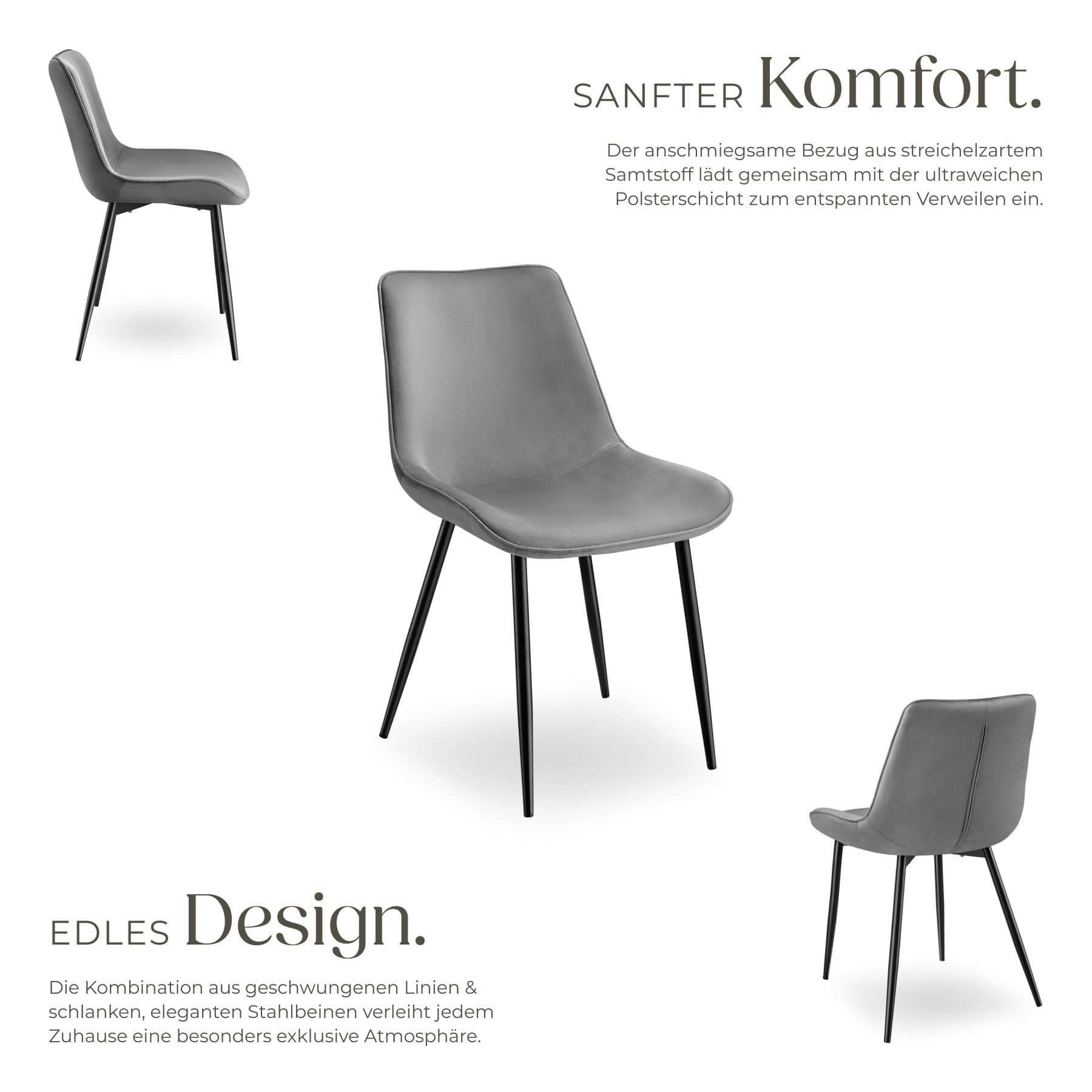 tectake tectake Monroe Esszimmerstuhl Set (2er-Set) - Luxus Polsterstühle mit Samtbezug & Metallbeinen - Grau - 48x59x82,5cm - 120kg Belastung grau Stühle