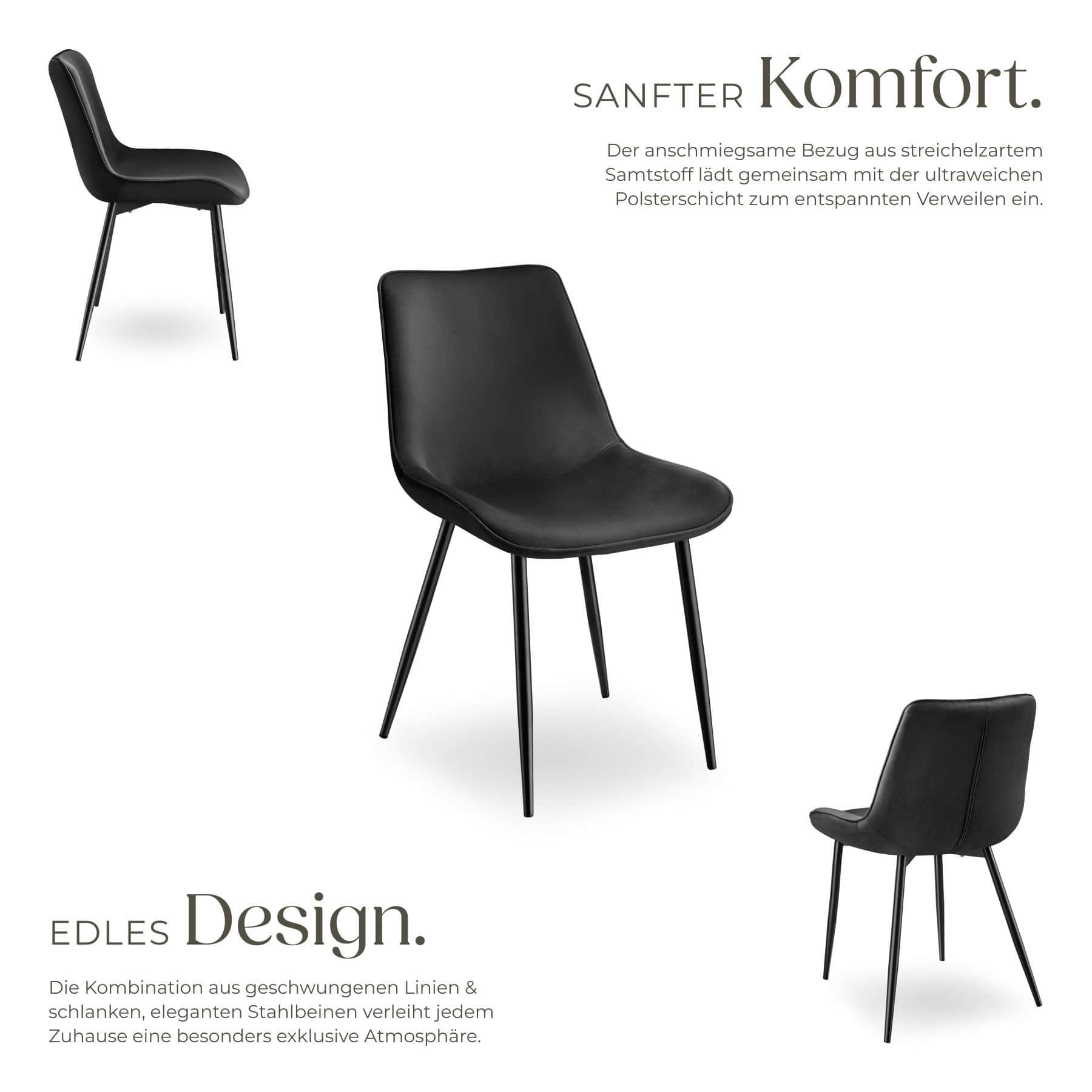 tectake Monroe Esszimmerstuhl Set (2er-Set) - Luxus Polsterstühle mit Samtbezug & Metallbeinen - Grau - 48x59x82,5cm - 120kg Belastung schwarz tectake Stühle