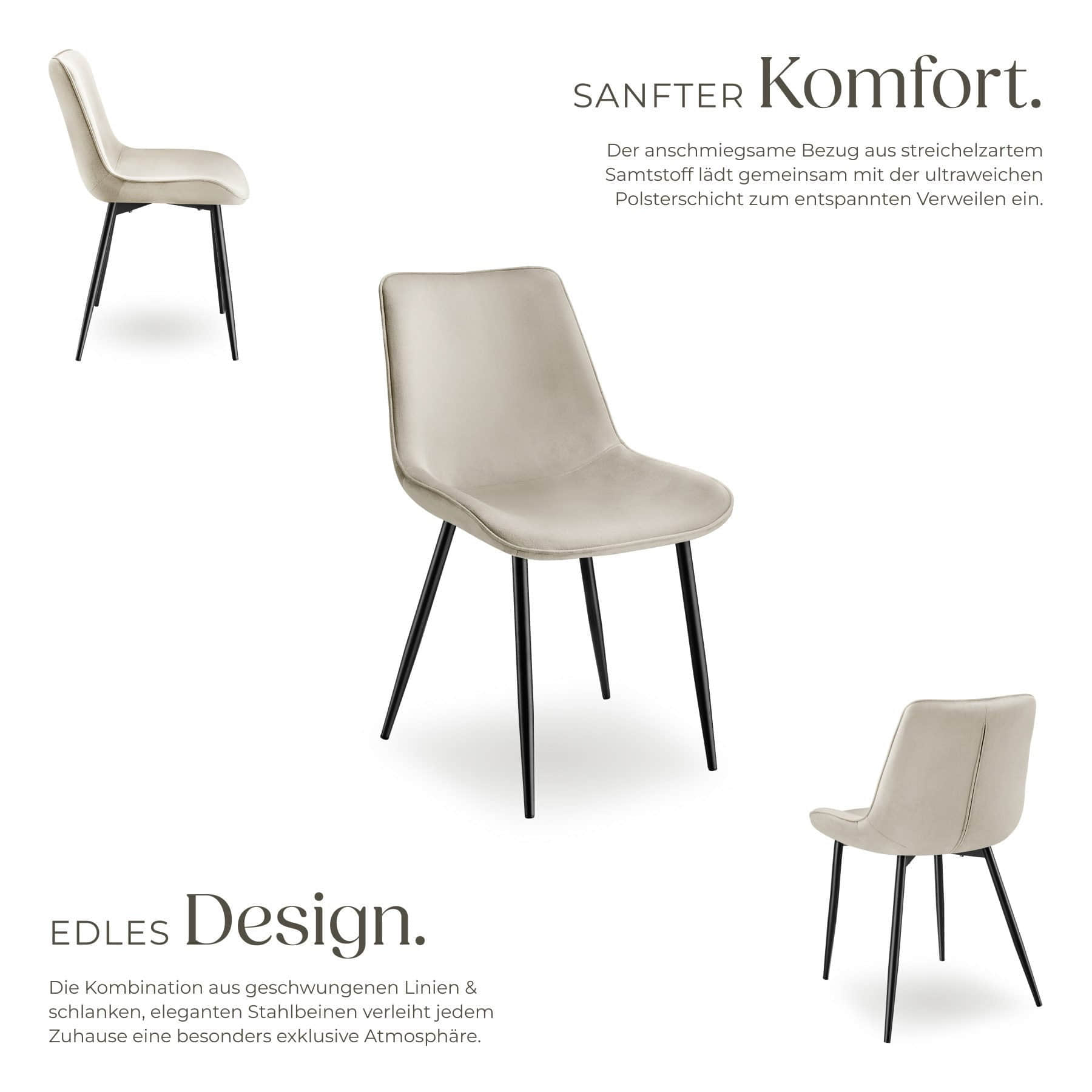 tectake Monroe Esszimmerstuhl Set (2er-Set) - Luxus Polsterstühle mit Samtbezug & Metallbeinen - Grau - 48x59x82,5cm - 120kg Belastung creme Stühle tectake