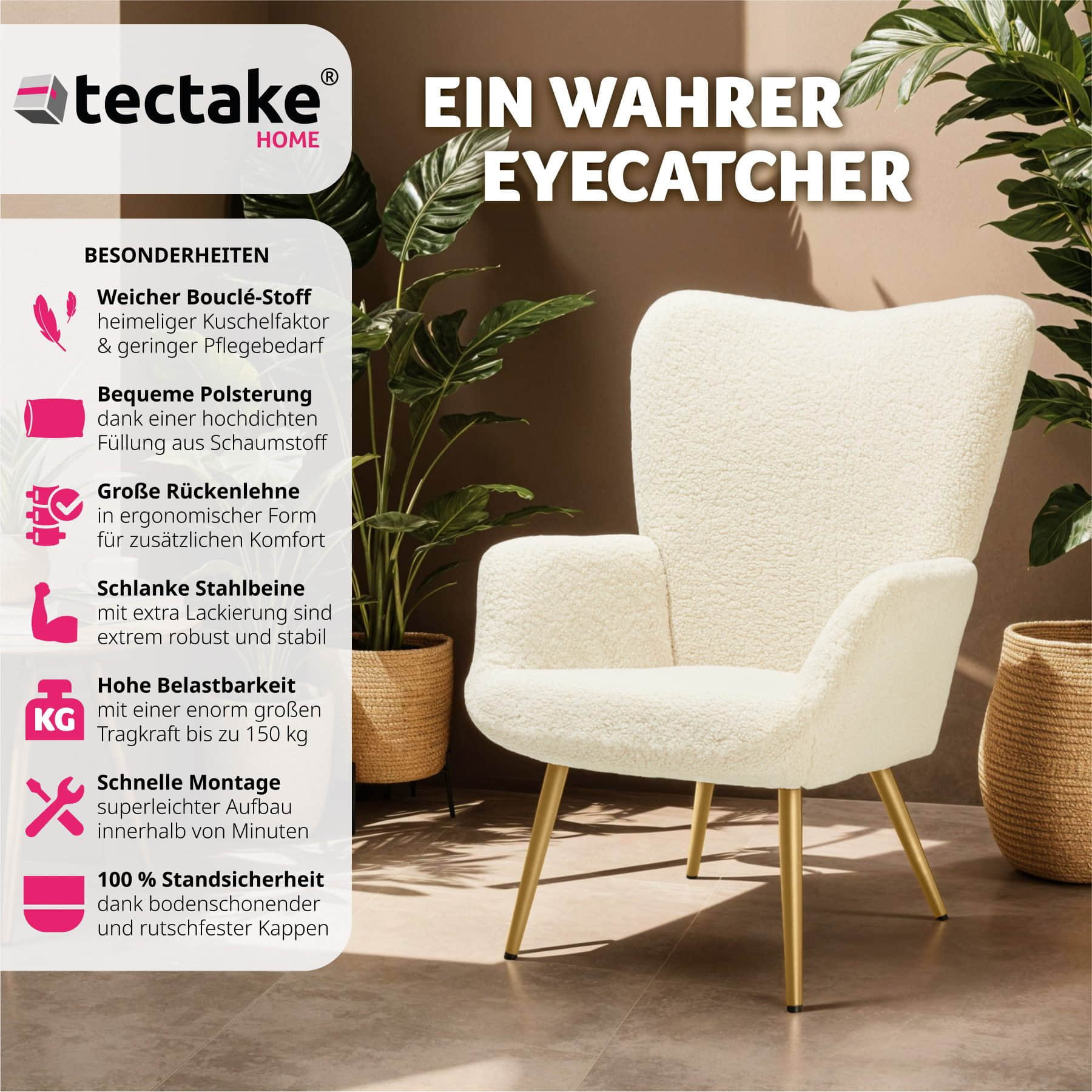 tectake Relaxsessel Hygge – Premium Bouclé-Sessel mit ergonomischer Lehne & Stahlbeinen (150 kg Belastung) 72x76x100,5 cm | Creme/Schwarz Bouclé cre tectake Sessel
