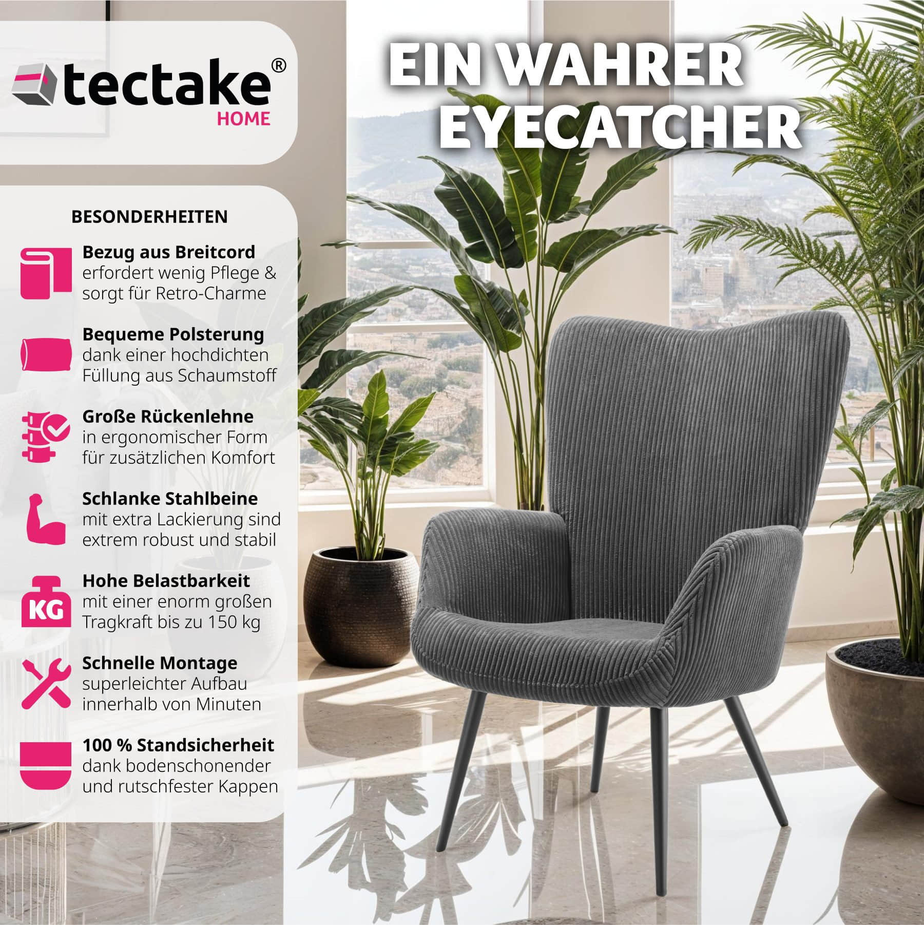 tectake Relaxsessel Hygge – Premium Bouclé-Sessel mit ergonomischer Lehne & Stahlbeinen (150 kg Belastung) 72x76x100,5 cm | Creme/Schwarz Breitcord Sessel tectake