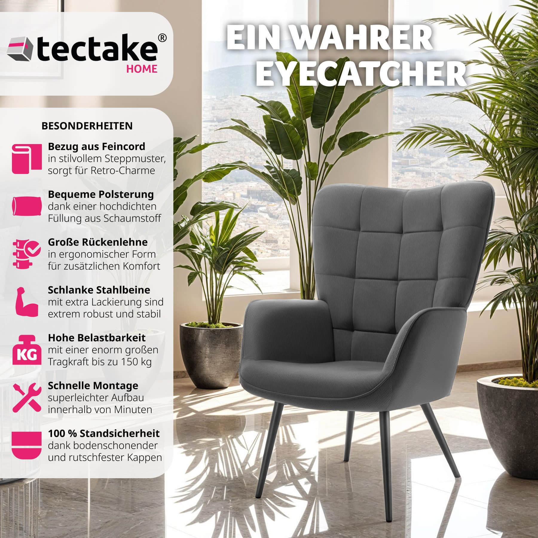 tectake Relaxsessel Hygge – Premium Bouclé-Sessel mit ergonomischer Lehne & Stahlbeinen (150 kg Belastung) 72x76x100,5 cm | Creme/Schwarz Feincord a Sessel tectake