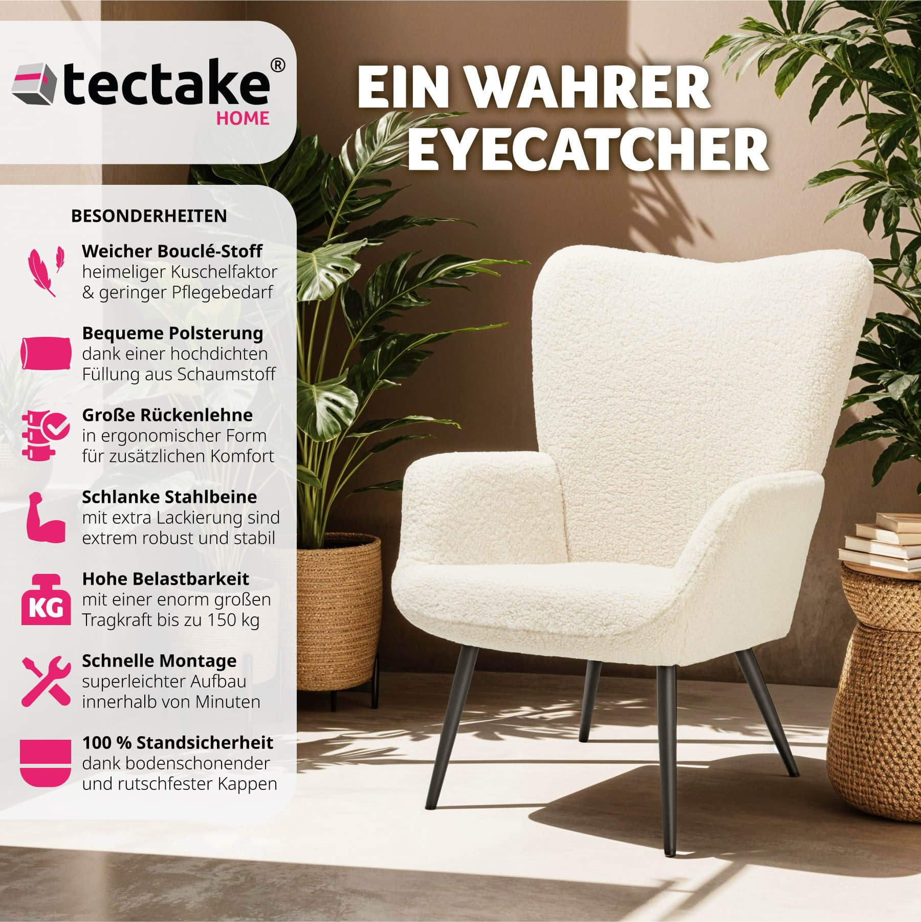 Sessel tectake tectake Relaxsessel Hygge – Premium Bouclé-Sessel mit ergonomischer Lehne & Stahlbeinen (150 kg Belastung) 72x76x100,5 cm | Creme/Schwarz Bouclé cre