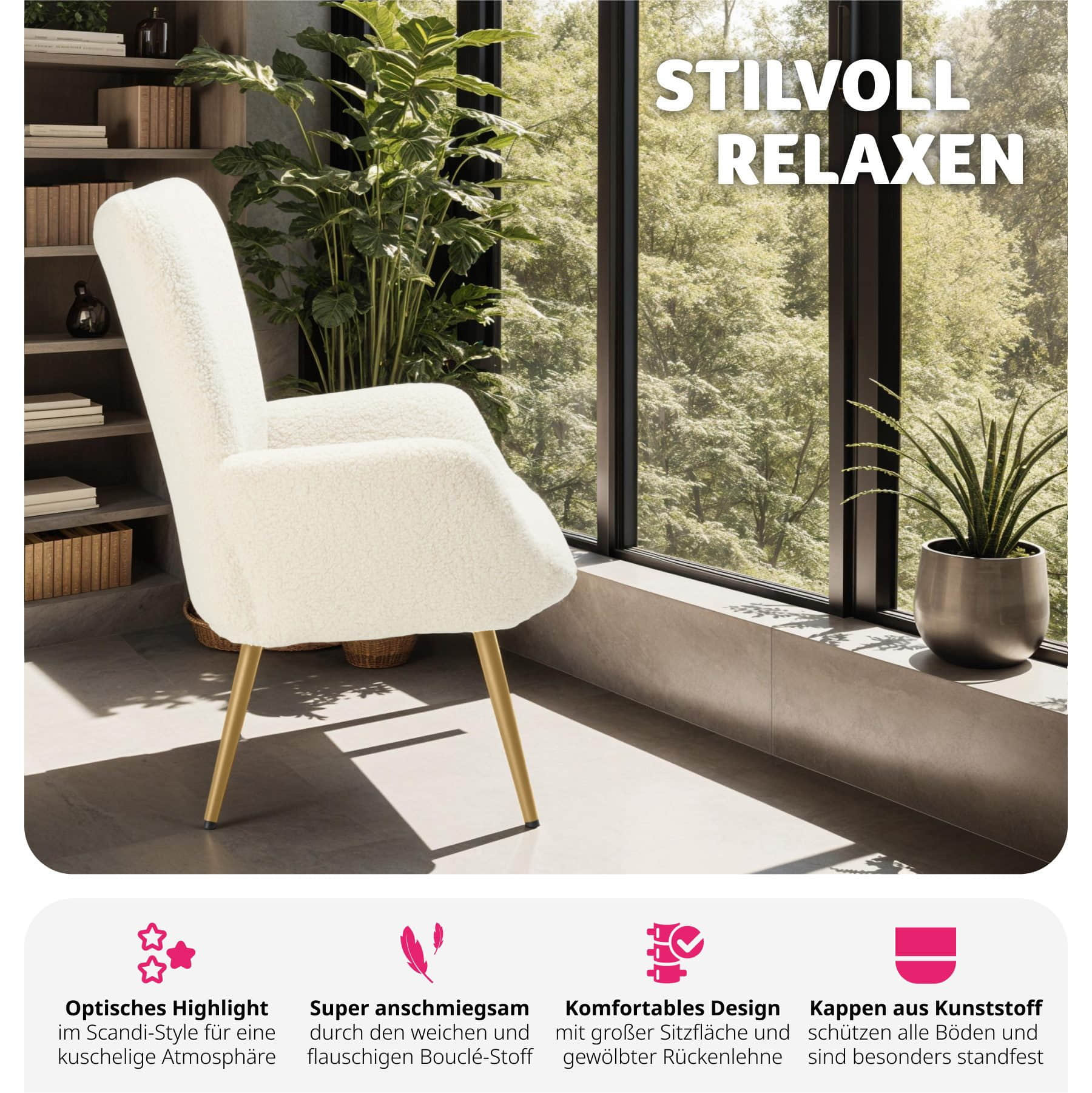 tectake Relaxsessel Hygge – Premium Bouclé-Sessel mit ergonomischer Lehne & Stahlbeinen (150 kg Belastung) 72x76x100,5 cm | Creme/Schwarz Bouclé cre tectake Sessel