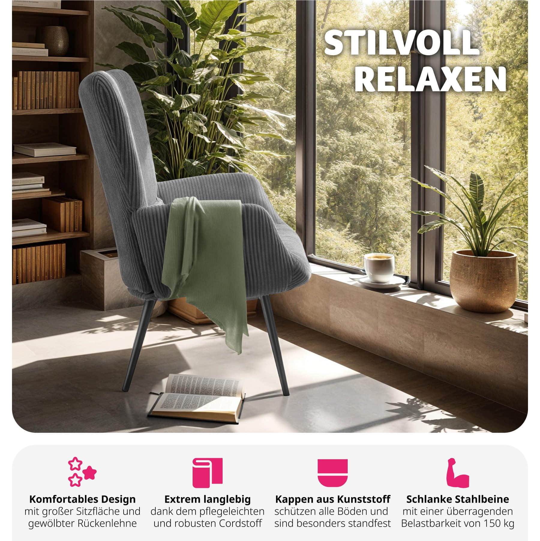 tectake Relaxsessel Hygge – Premium Bouclé-Sessel mit ergonomischer Lehne & Stahlbeinen (150 kg Belastung) 72x76x100,5 cm | Creme/Schwarz Breitcord Sessel tectake