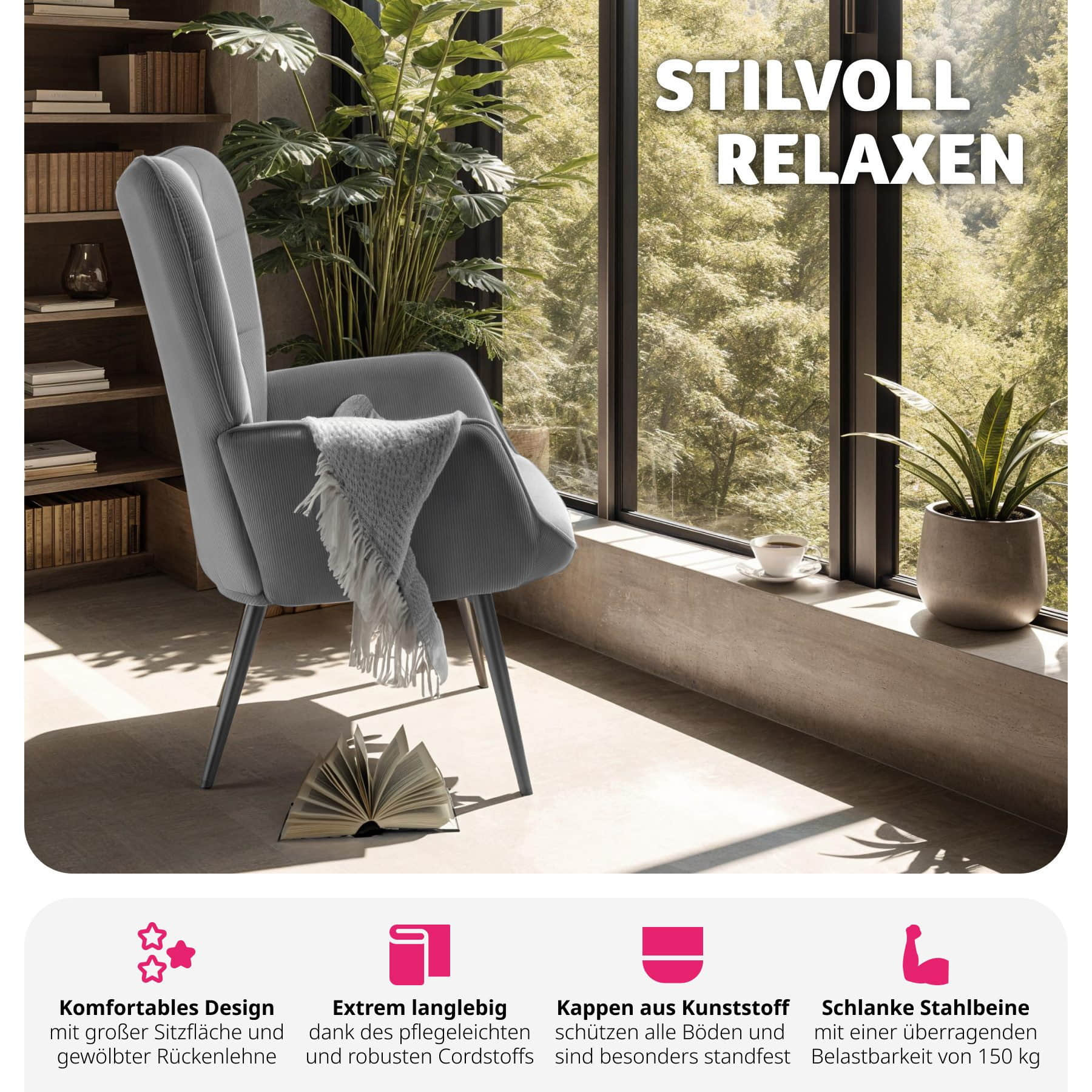 tectake Relaxsessel Hygge – Premium Bouclé-Sessel mit ergonomischer Lehne & Stahlbeinen (150 kg Belastung) 72x76x100,5 cm | Creme/Schwarz Feincord a Sessel tectake