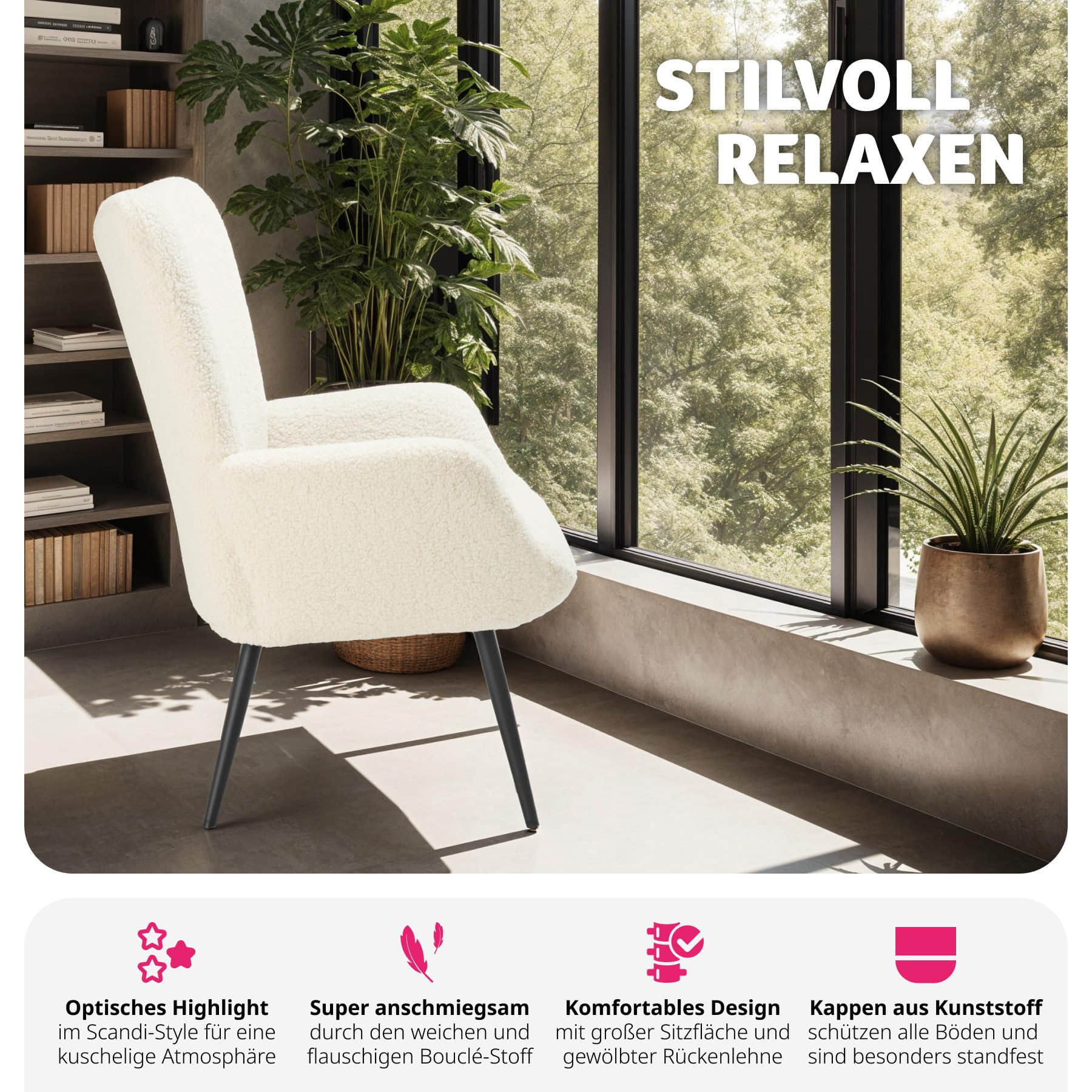 Sessel tectake tectake Relaxsessel Hygge – Premium Bouclé-Sessel mit ergonomischer Lehne & Stahlbeinen (150 kg Belastung) 72x76x100,5 cm | Creme/Schwarz Bouclé cre