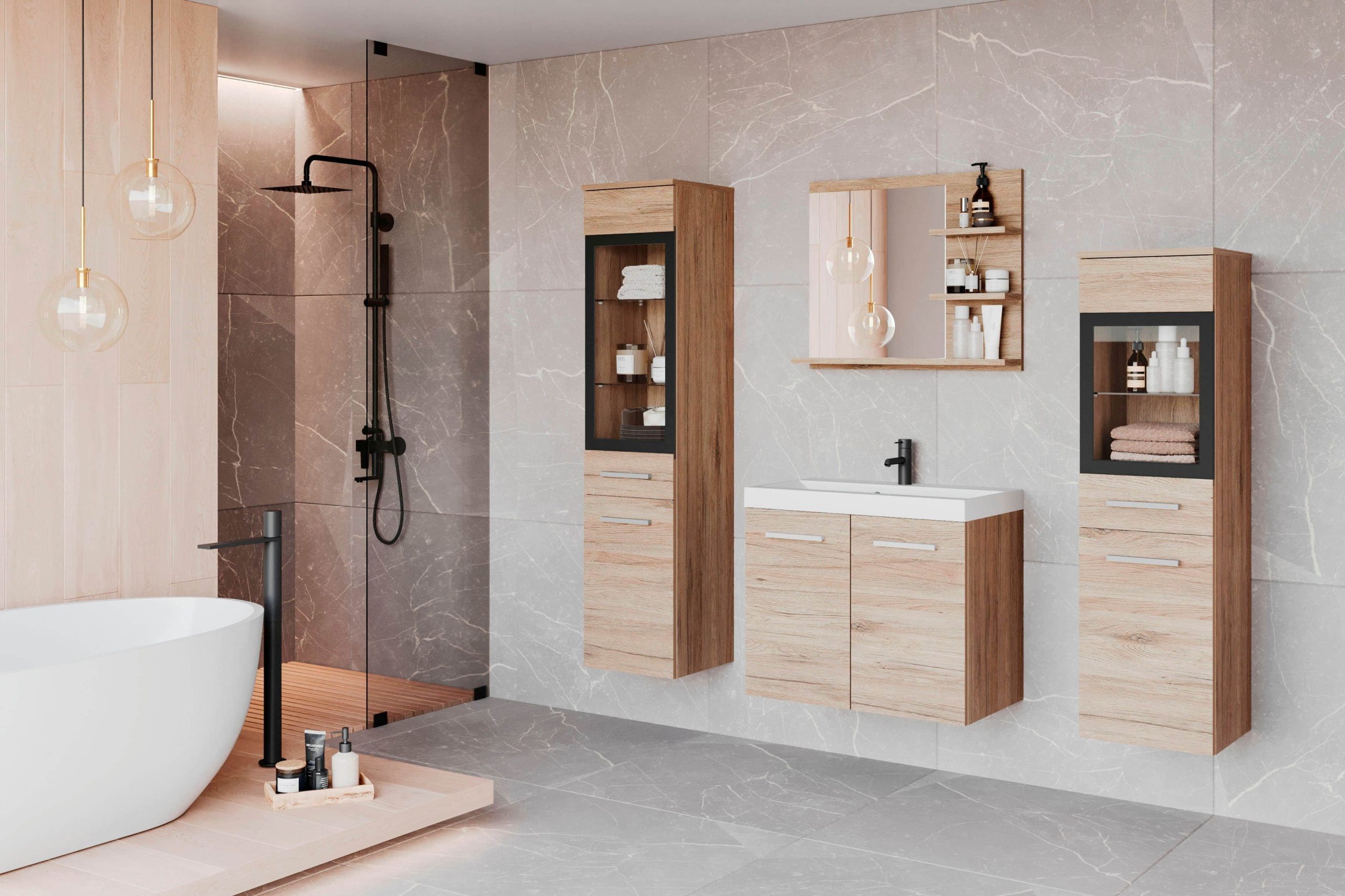 Badmöbel-Sets welltime welltime Badmöbel-Set »MADRIT« (4-teilig) mit Waschtisch, Waschbecken, Badschrank, Hochschrank & Spiegel – modernes Design für Ihr Badezimmer Eiche San