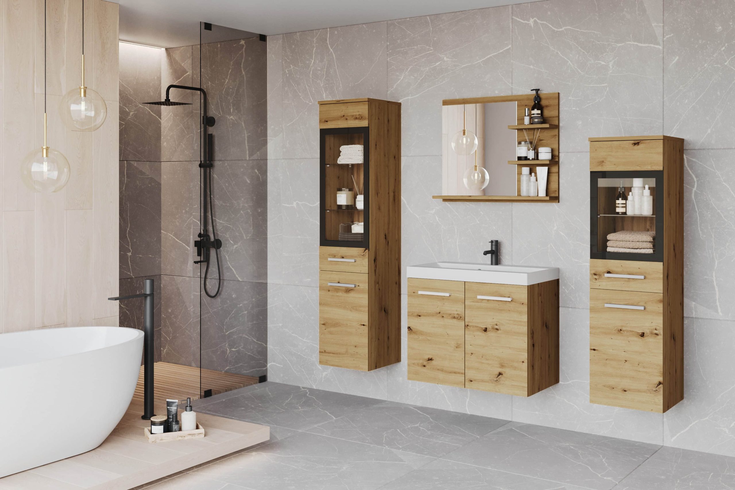 welltime Badmöbel-Sets welltime Badmöbel-Set »MADRIT« (4-teilig) mit Waschtisch, Waschbecken, Badschrank, Hochschrank & Spiegel – modernes Design für Ihr Badezimmer eichefarbe