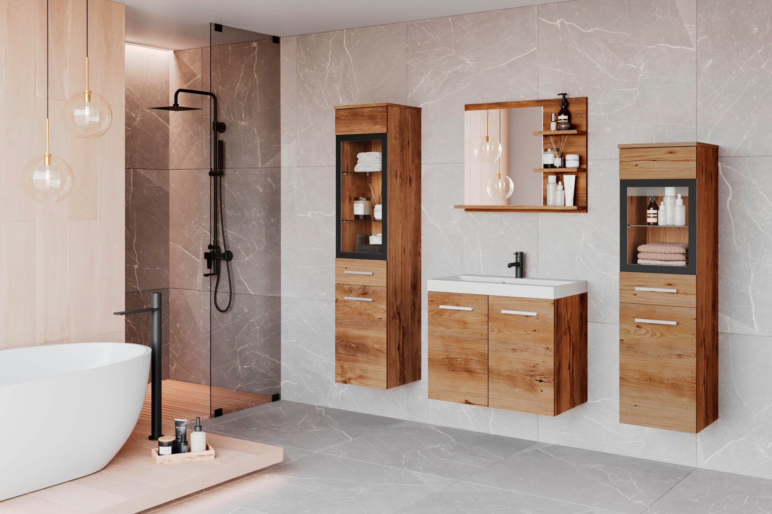 welltime welltime Badmöbel-Set »MADRIT« (4-teilig) mit Waschtisch, Waschbecken, Badschrank, Hochschrank & Spiegel – modernes Design für Ihr Badezimmer Kastanie E Badmöbel-Sets