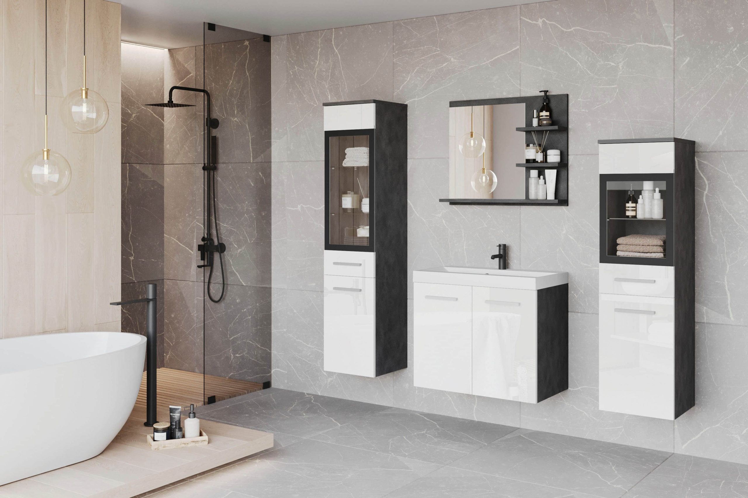 welltime Badmöbel-Sets welltime Badmöbel-Set »MADRIT« (4-teilig) mit Waschtisch, Waschbecken, Badschrank, Hochschrank & Spiegel – modernes Design für Ihr Badezimmer Matera Ant