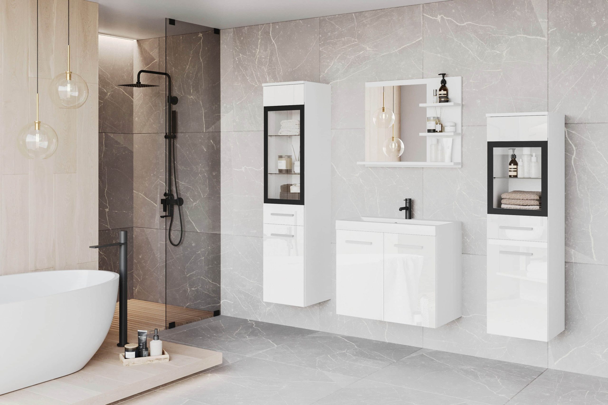 welltime Badmöbel-Set »MADRIT« (4-teilig) mit Waschtisch, Waschbecken, Badschrank, Hochschrank & Spiegel – modernes Design für Ihr Badezimmer Weiß matt Badmöbel-Sets welltime