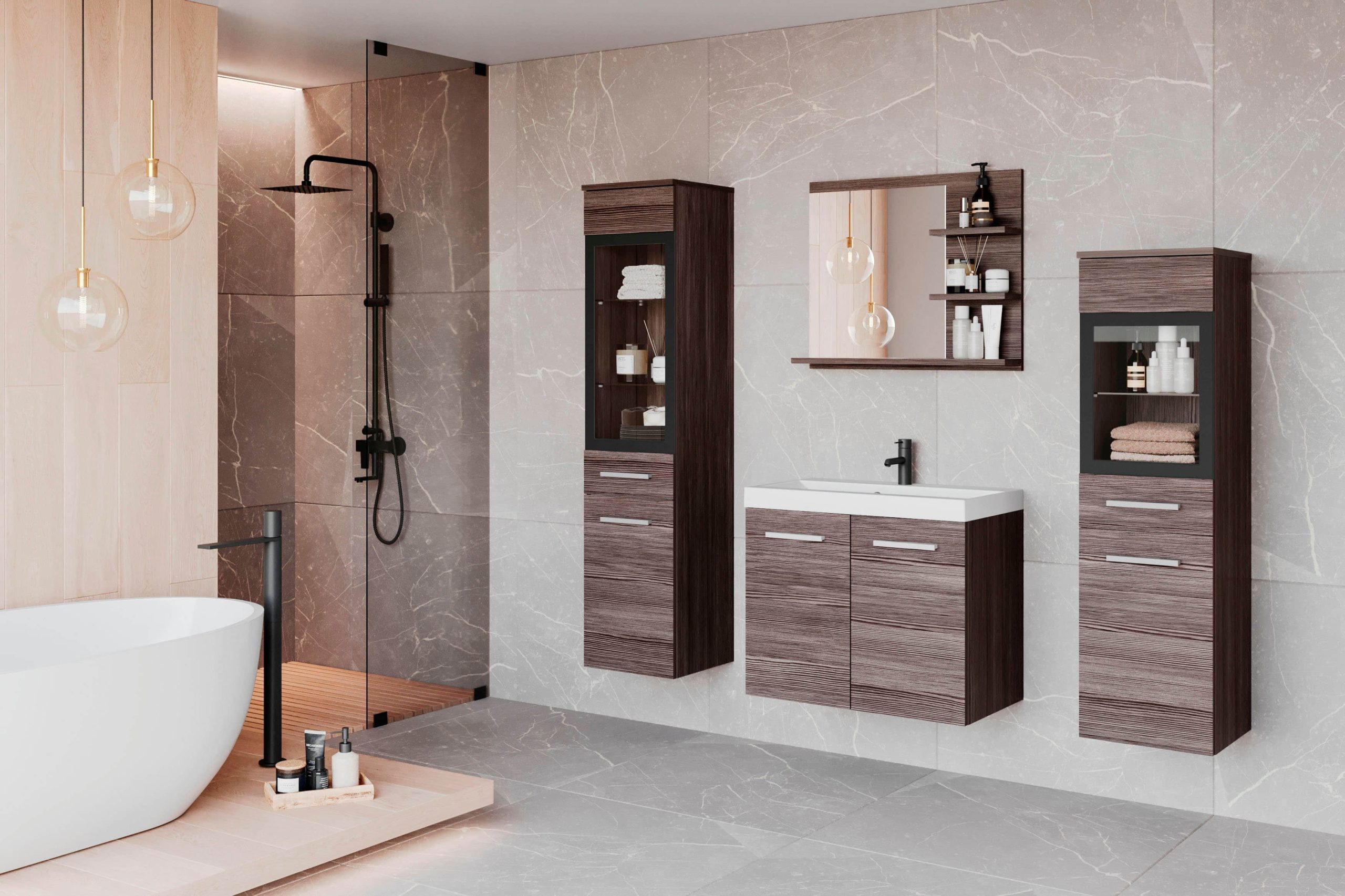welltime welltime Badmöbel-Set »MADRIT« (4-teilig) mit Waschtisch, Waschbecken, Badschrank, Hochschrank & Spiegel – modernes Design für Ihr Badezimmer Bodega Eiche Badmöbel-Sets
