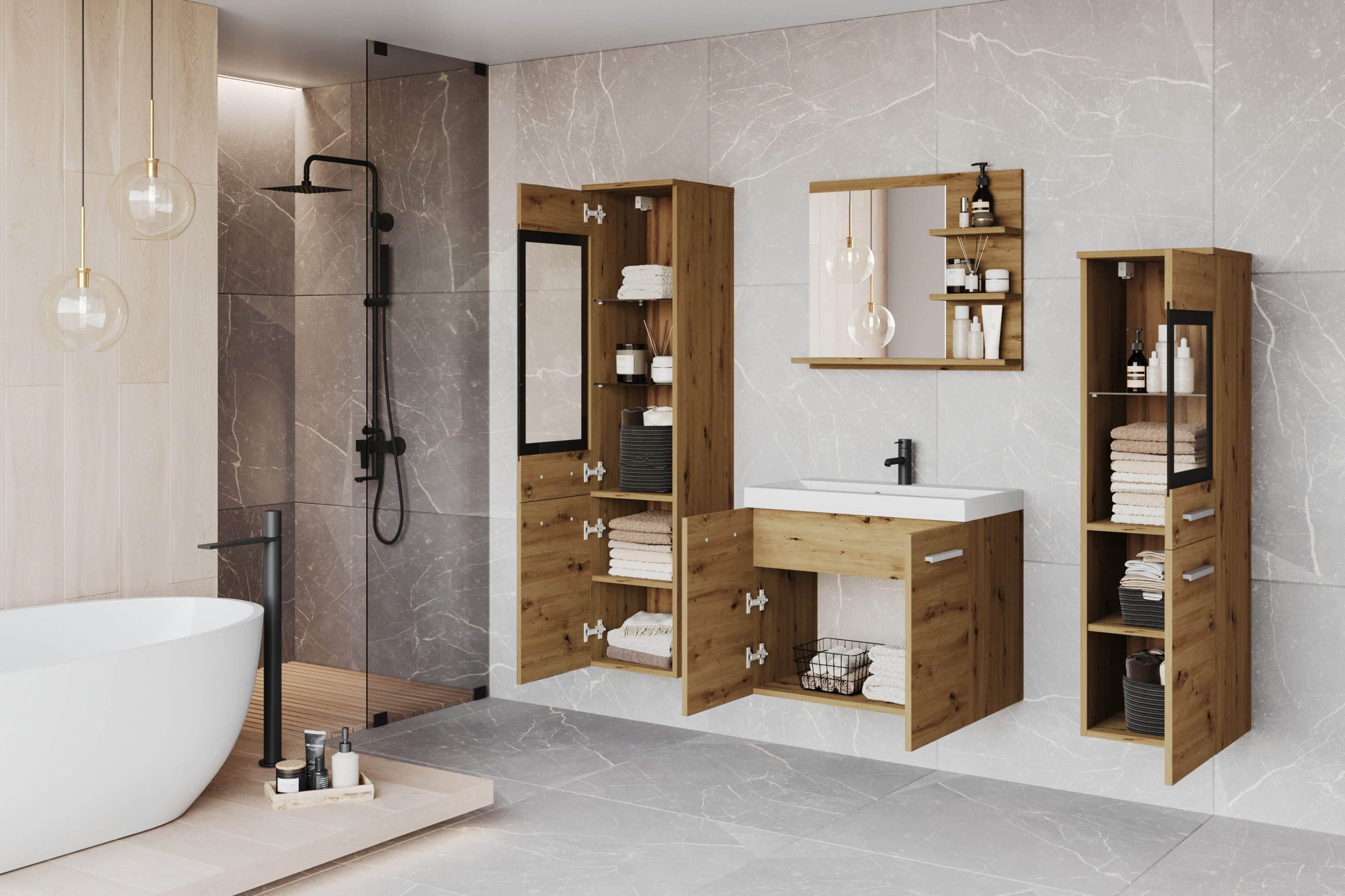 welltime Badmöbel-Sets welltime Badmöbel-Set »MADRIT« (4-teilig) mit Waschtisch, Waschbecken, Badschrank, Hochschrank & Spiegel – modernes Design für Ihr Badezimmer eichefarbe