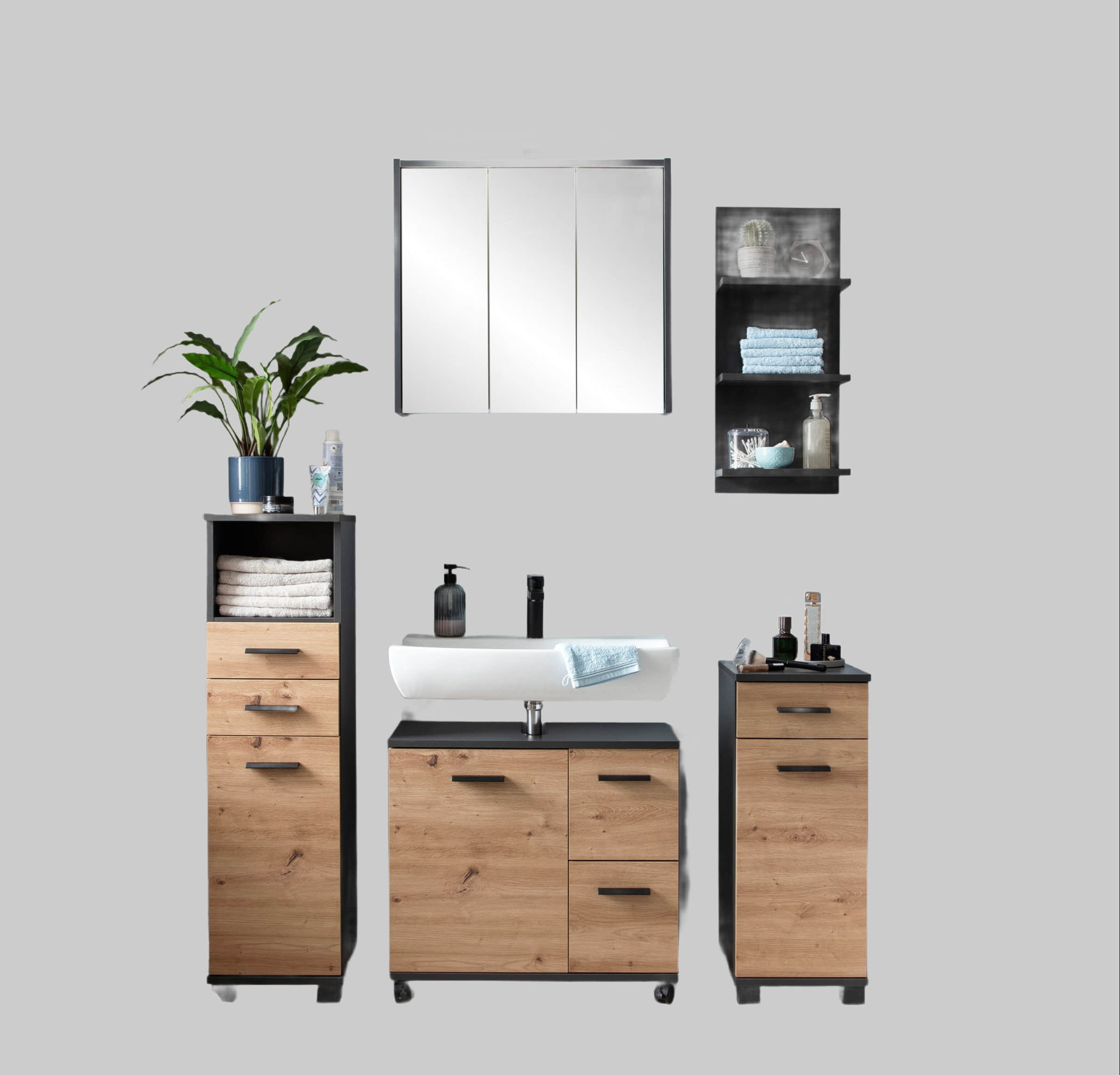 Regale welltime welltime Wandregal »Palermo« – 3 Regalböden, 30 cm Breite, massives Holz, made in Germany | Schlichter Designklassiker anthrazit