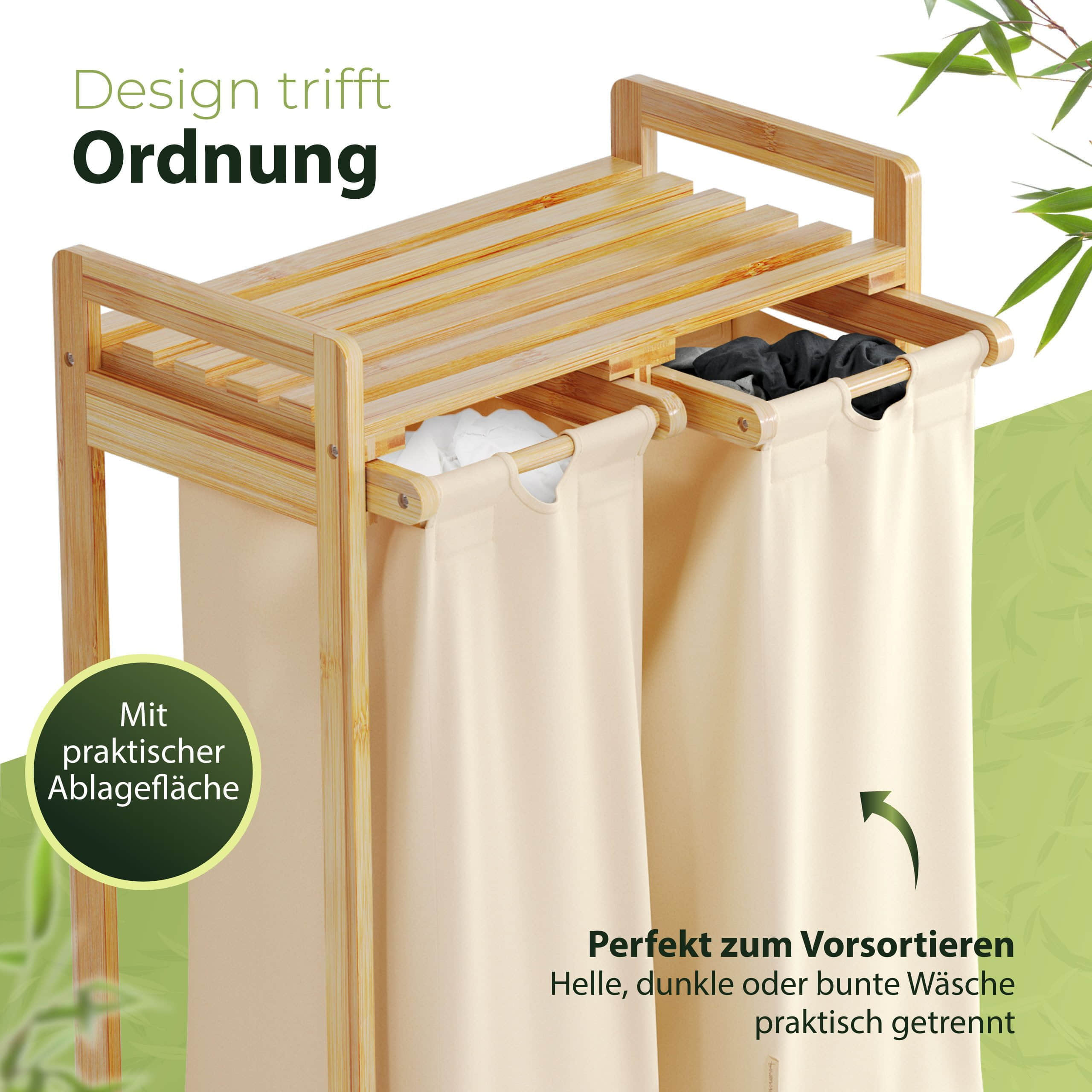 Bad & Sanitär AMBIAVO AMBIAVO Bamboo Laundry Hamper - 2 Compartment Pull-Out Design with Storage Shelf (45x35x75cm) for Bedroom & Bathroom Organization beige