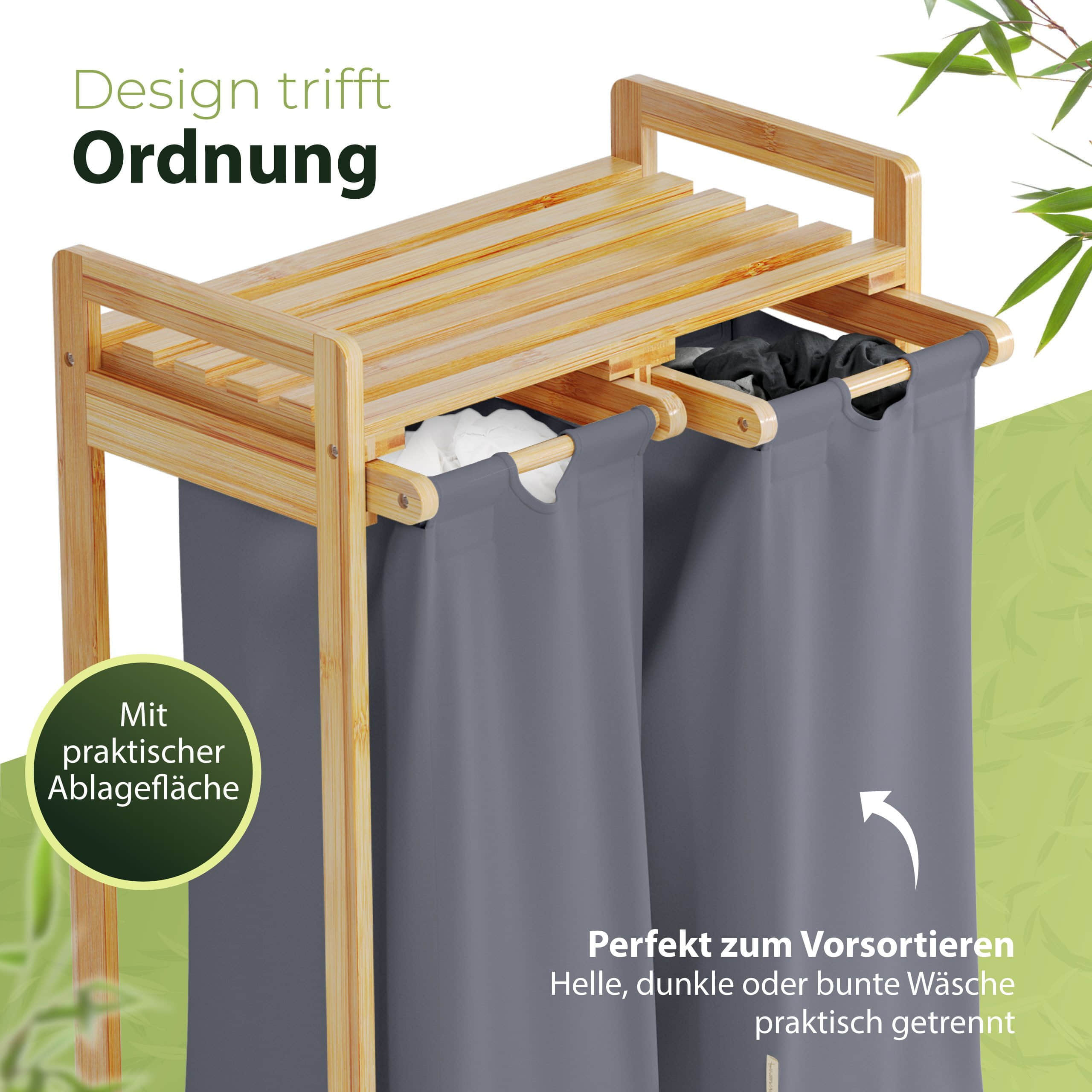 AMBIAVO Bamboo Laundry Hamper - 2 Compartment Pull-Out Design with Storage Shelf (45x35x75cm) for Bedroom & Bathroom Organization blaugrau Bad & Sanitär AMBIAVO