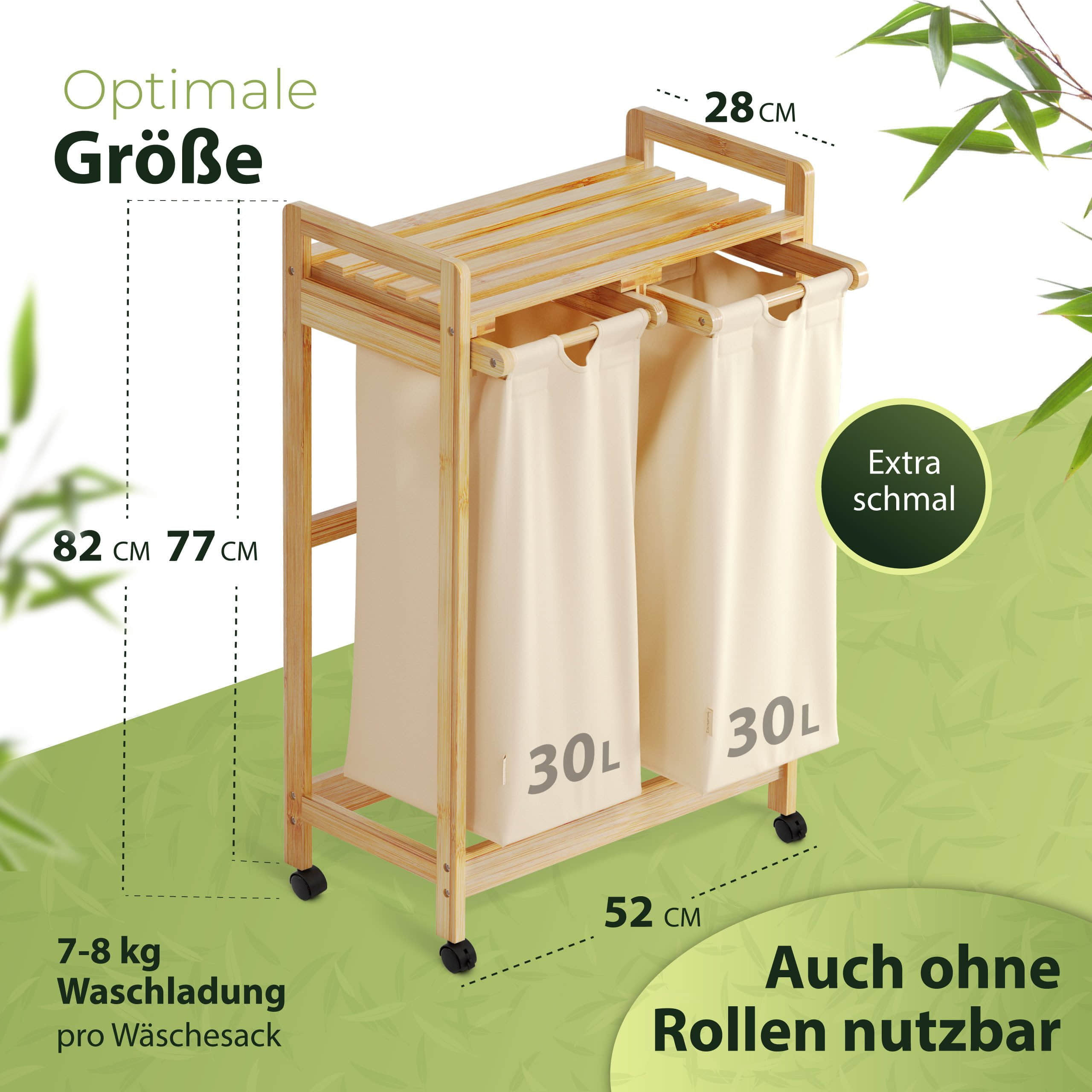 Bad & Sanitär AMBIAVO AMBIAVO Bamboo Laundry Hamper - 2 Compartment Pull-Out Design with Storage Shelf (45x35x75cm) for Bedroom & Bathroom Organization beige