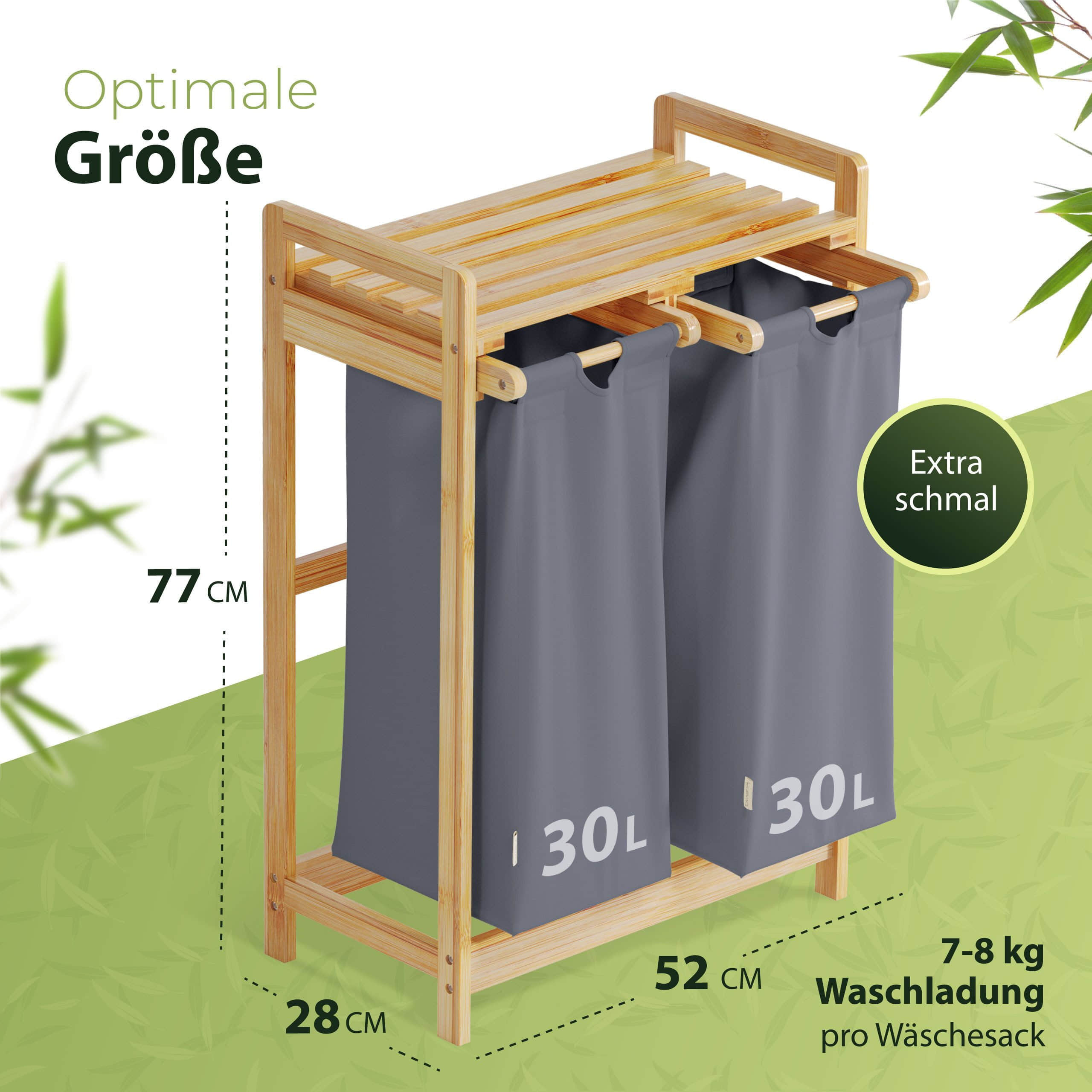 AMBIAVO Bamboo Laundry Hamper - 2 Compartment Pull-Out Design with Storage Shelf (45x35x75cm) for Bedroom & Bathroom Organization blaugrau Bad & Sanitär AMBIAVO