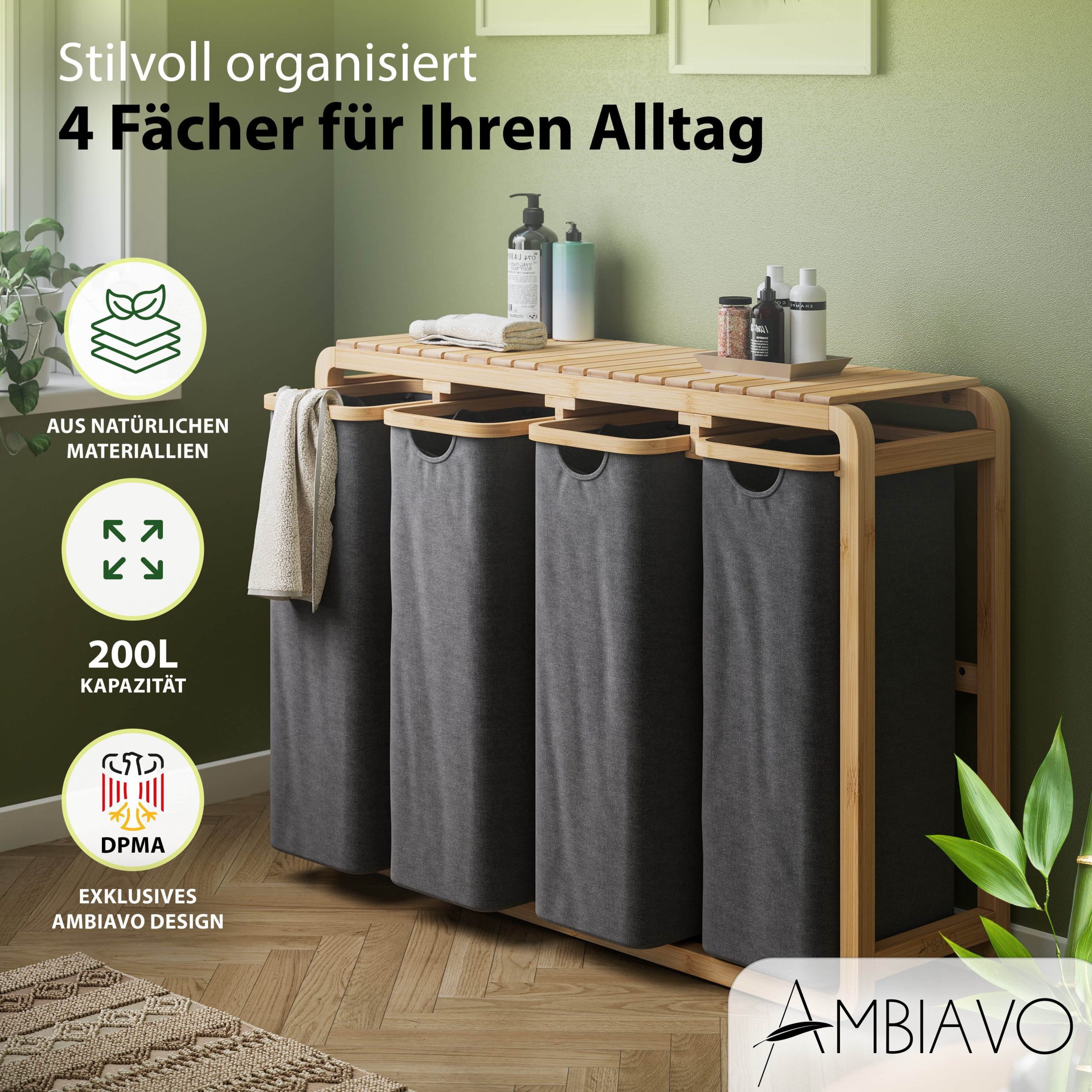 AMBIAVO Bad & Sanitär AMBIAVO® Premium Wäschekorb mit 4 Fächern | 200 Liter Volumen | Stabile Metallkonstruktion mit Rollen | Herausnehmbare Baumwollsäcke | Platzsparendes Wäschesortiersystem
