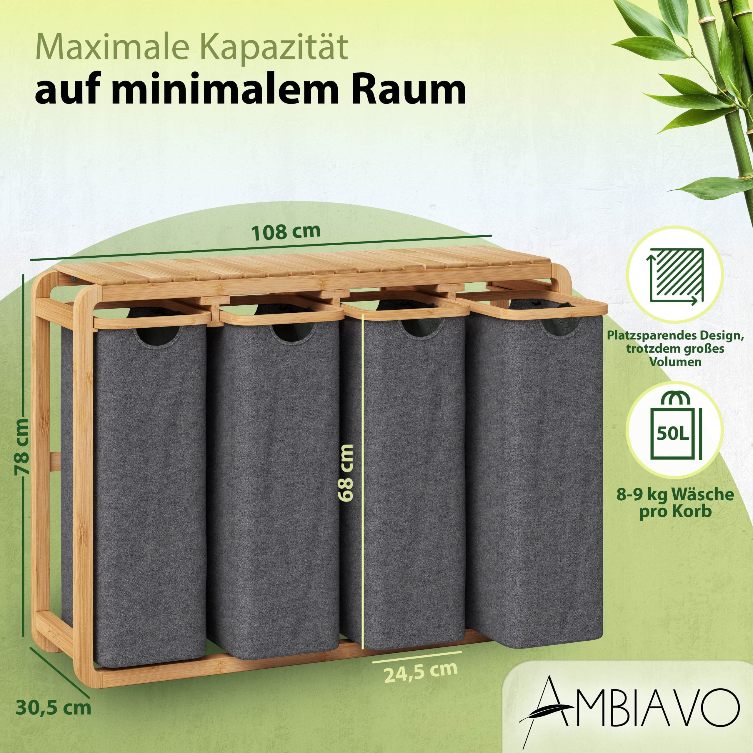 AMBIAVO Bad & Sanitär AMBIAVO® Premium Wäschekorb mit 4 Fächern | 200 Liter Volumen | Stabile Metallkonstruktion mit Rollen | Herausnehmbare Baumwollsäcke | Platzsparendes Wäschesortiersystem