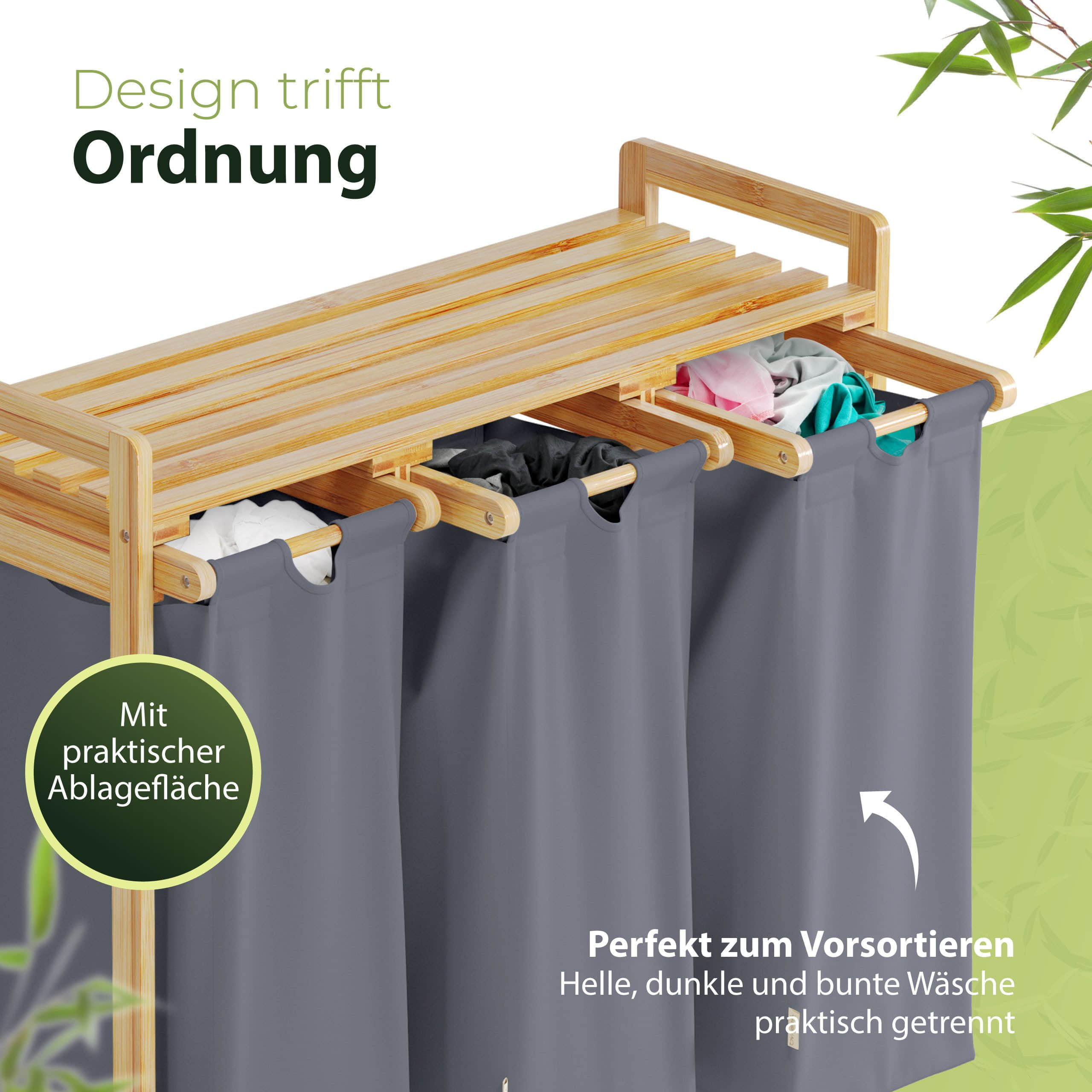 AMBIAVO Wäschekorb 3-Fach aus Bambus | Nachhaltiger Wäschesammler mit Baumwollfächern | Ideal für Farbtrennung blaugrau AMBIAVO Bad & Sanitär