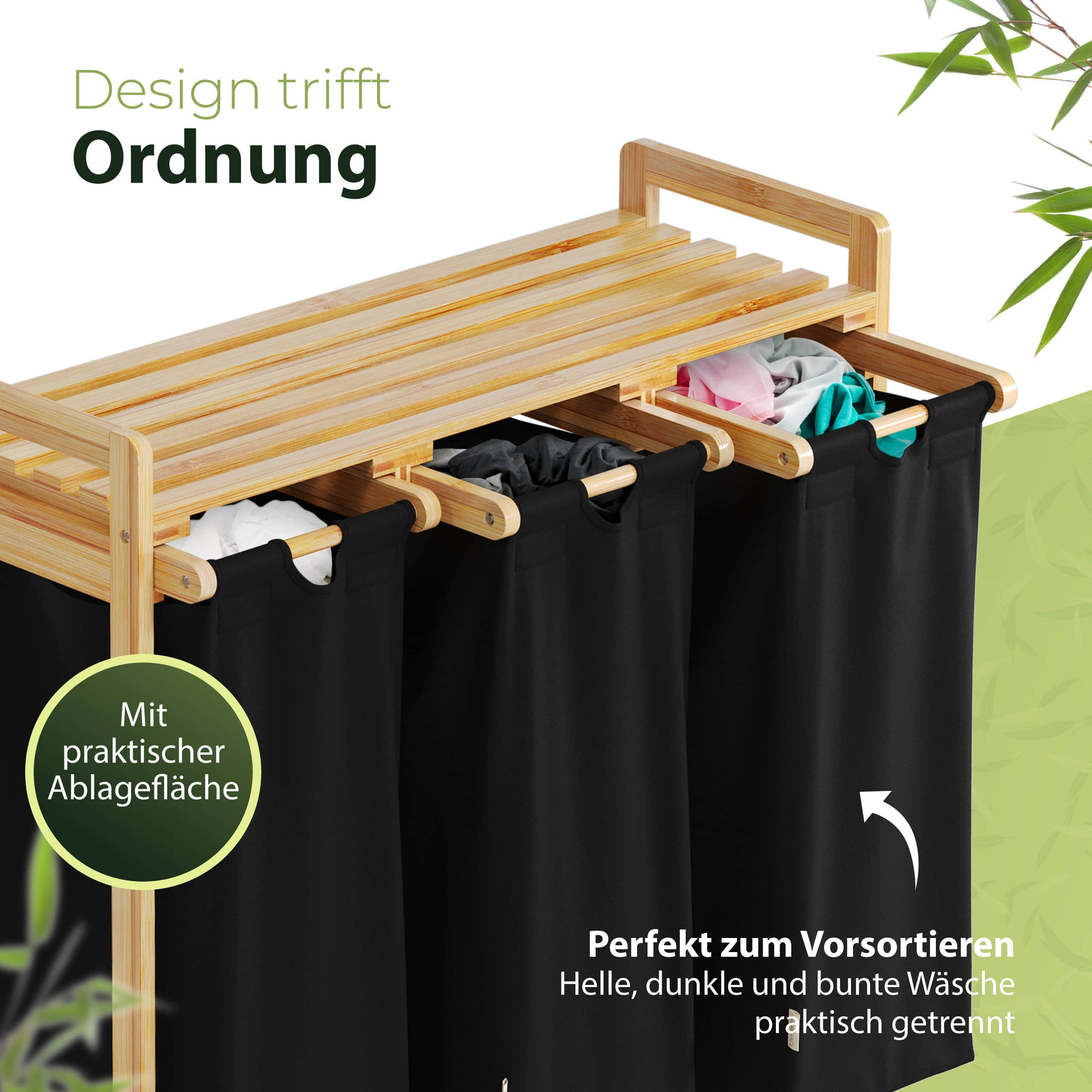 AMBIAVO AMBIAVO Wäschekorb 3-Fach aus Bambus | Nachhaltiger Wäschesammler mit Baumwollfächern | Ideal für Farbtrennung schwarz Bad & Sanitär