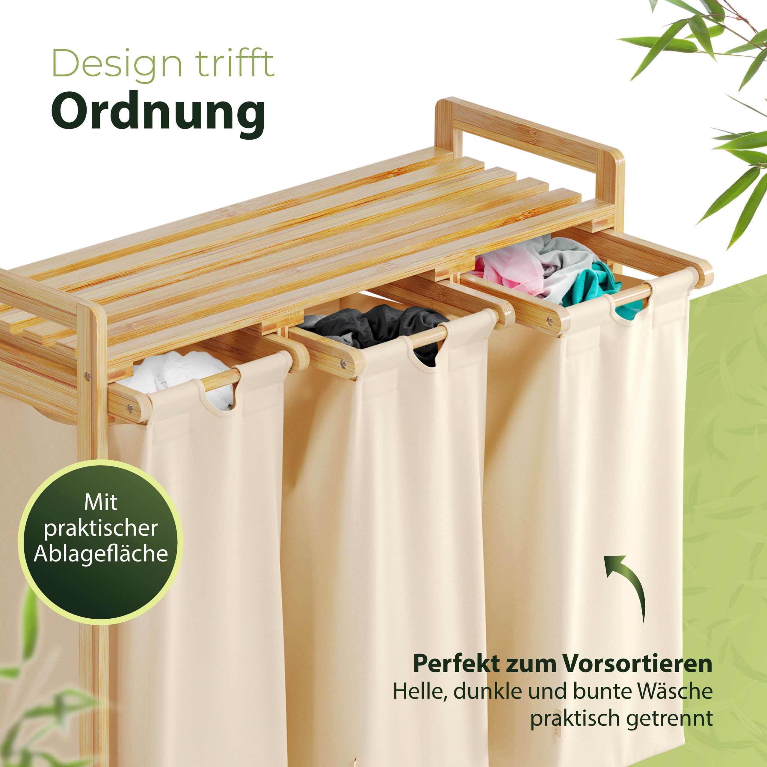 AMBIAVO AMBIAVO Wäschekorb 3-Fach aus Bambus | Nachhaltiger Wäschesammler mit Baumwollfächern | Ideal für Farbtrennung beige Bad & Sanitär
