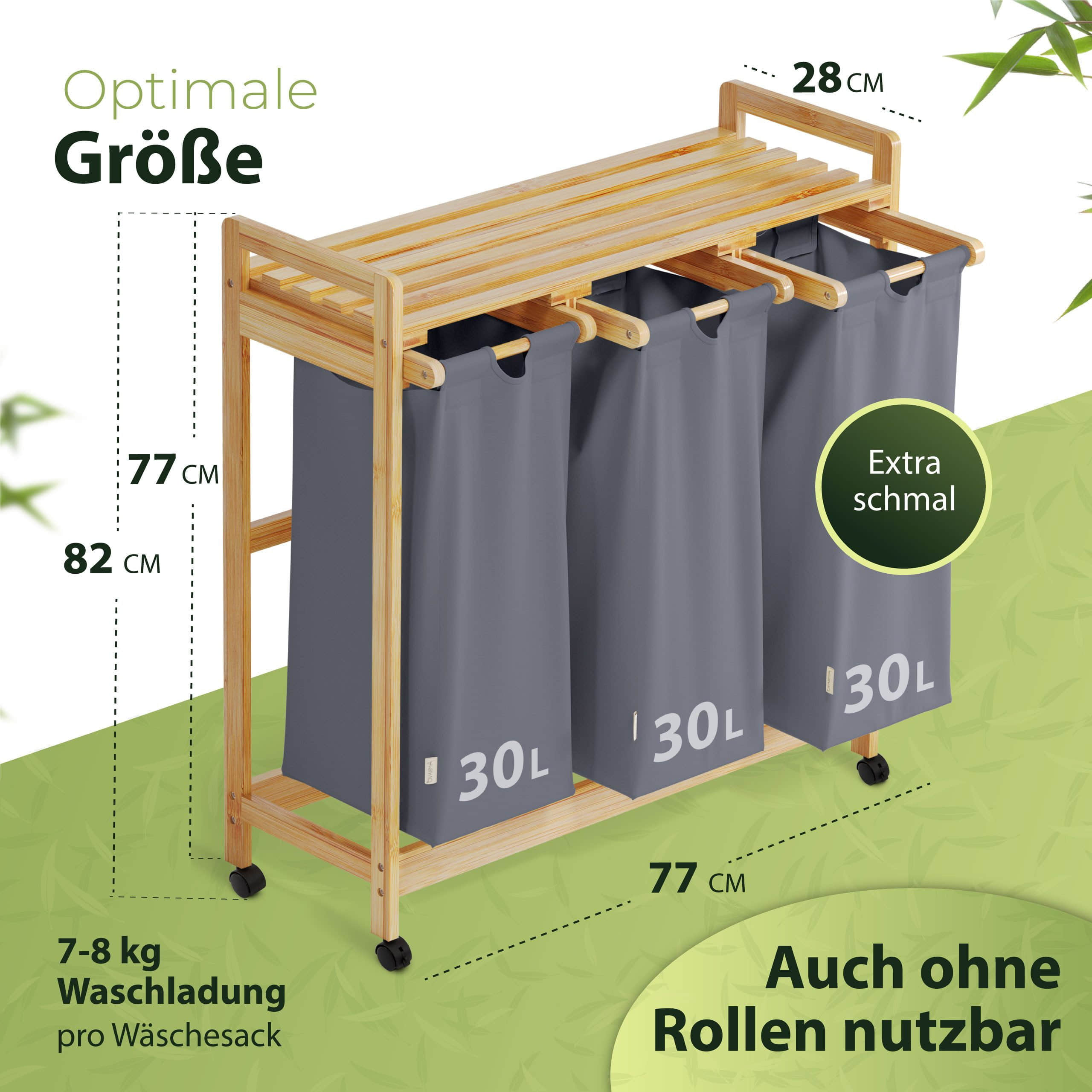 AMBIAVO Wäschekorb 3-Fach aus Bambus | Nachhaltiger Wäschesammler mit Baumwollfächern | Ideal für Farbtrennung blaugrau AMBIAVO Bad & Sanitär