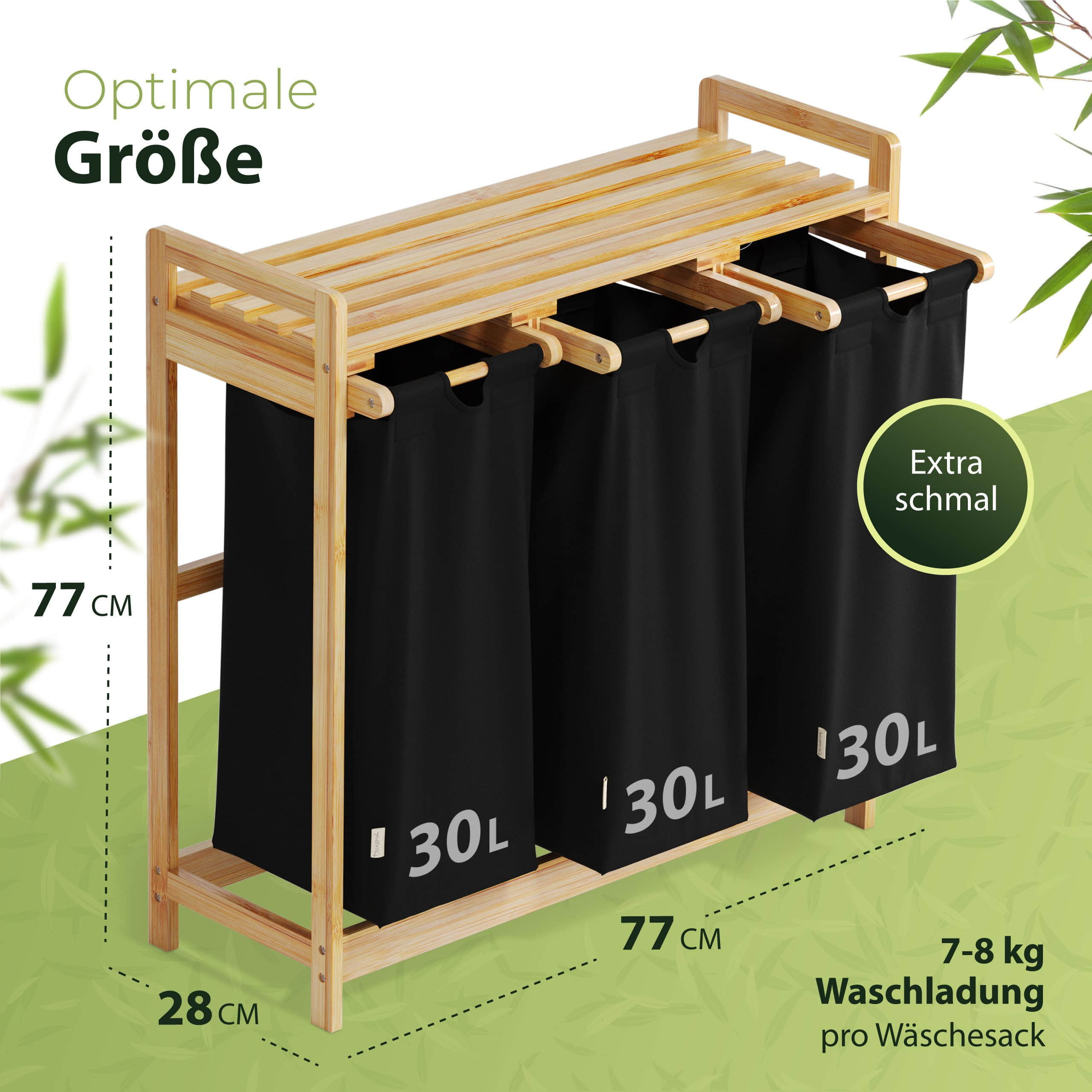 AMBIAVO AMBIAVO Wäschekorb 3-Fach aus Bambus | Nachhaltiger Wäschesammler mit Baumwollfächern | Ideal für Farbtrennung schwarz Bad & Sanitär