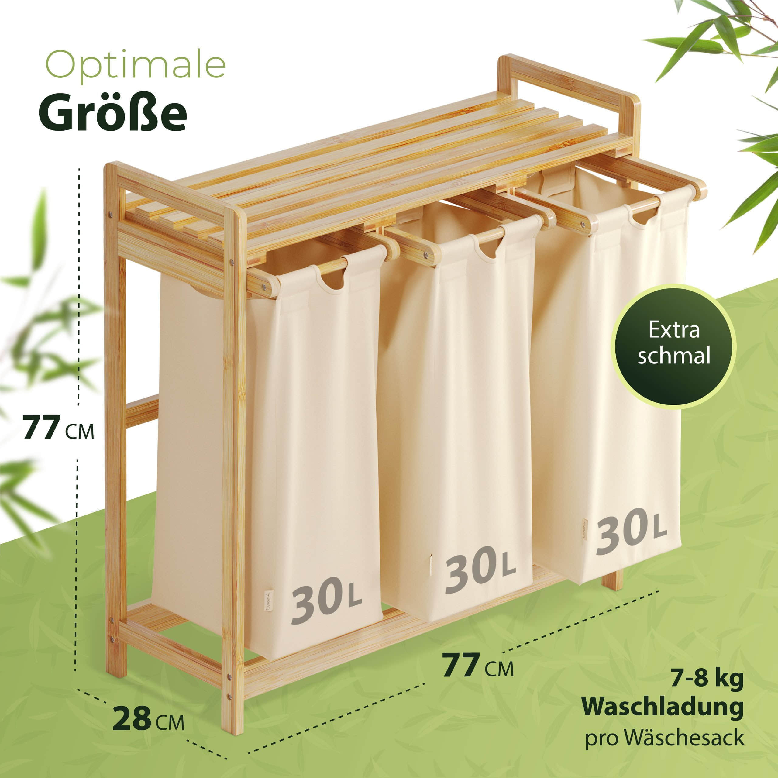 AMBIAVO AMBIAVO Wäschekorb 3-Fach aus Bambus | Nachhaltiger Wäschesammler mit Baumwollfächern | Ideal für Farbtrennung beige Bad & Sanitär