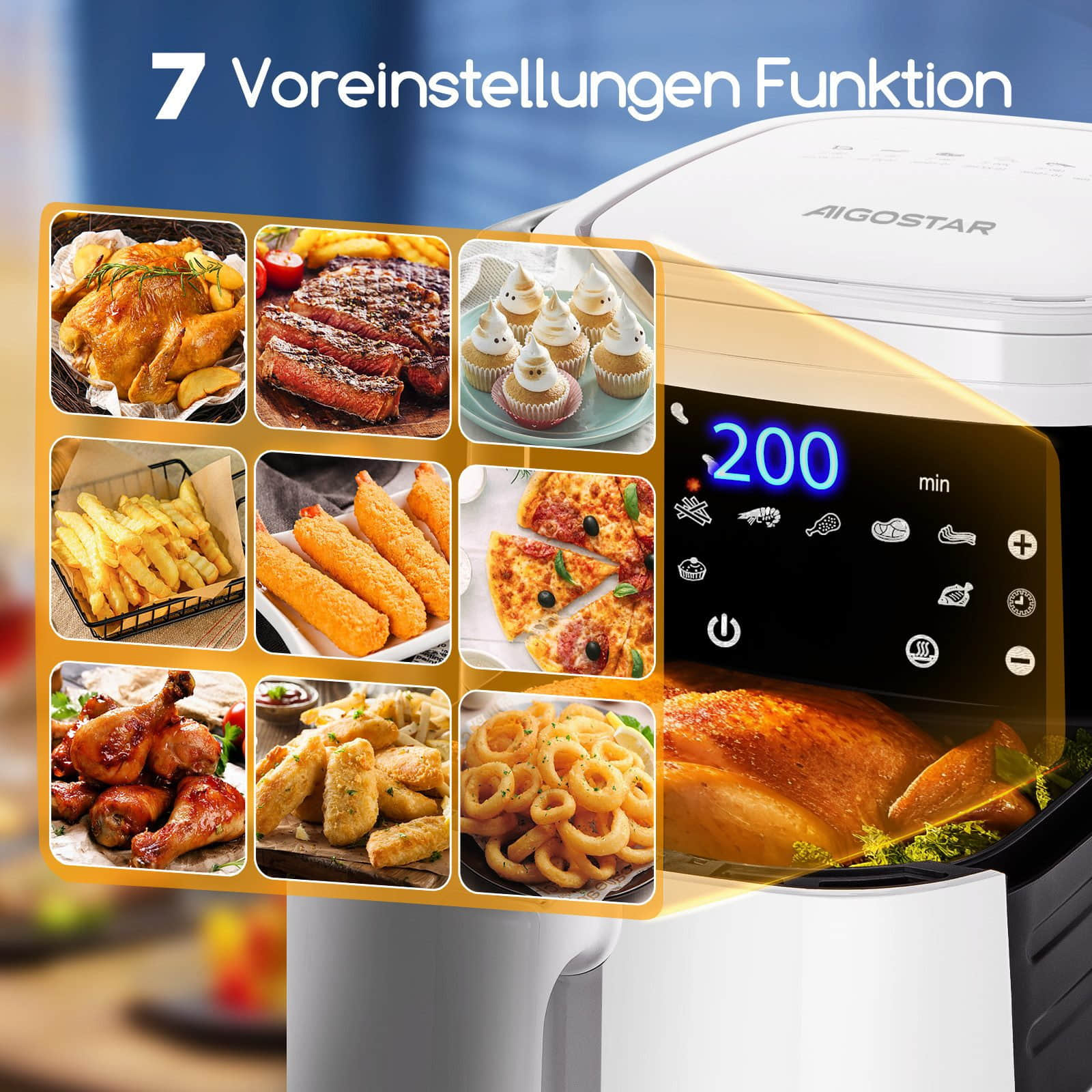 Aigostar Cube Heißluftfritteuse 7L XXL (1900W) – 7 Automatikprogramme, Digitaldisplay, fettarmes Frittieren für 6-10 Personen Weiß Aigostar Küchenkleingeräte