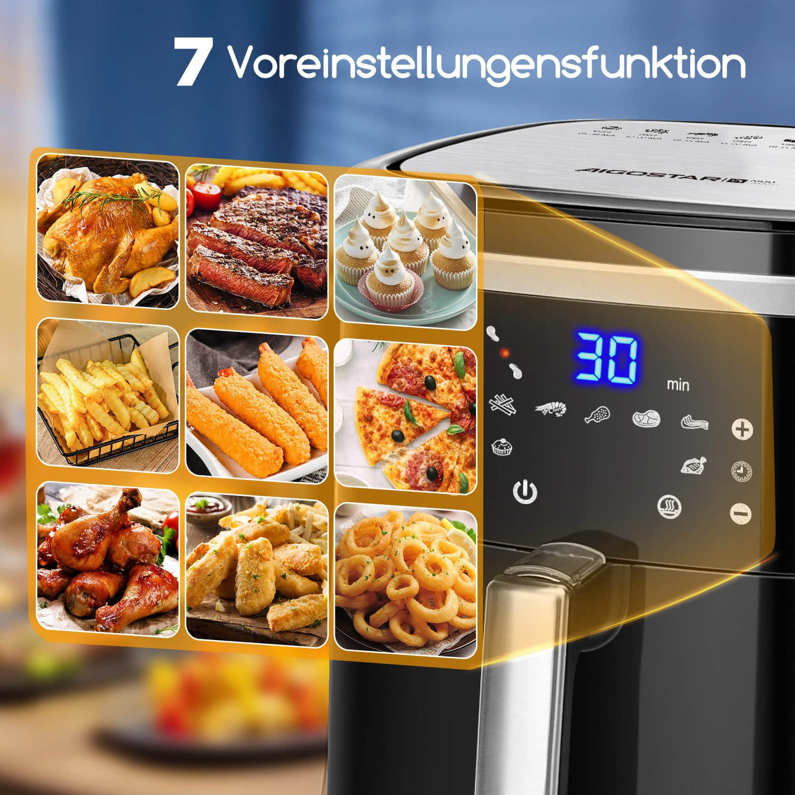 Aigostar Cube Heißluftfritteuse 7L XXL (1900W) – 7 Automatikprogramme, Digitaldisplay, fettarmes Frittieren für 6-10 Personen Schwarz Aigostar Küchenkleingeräte