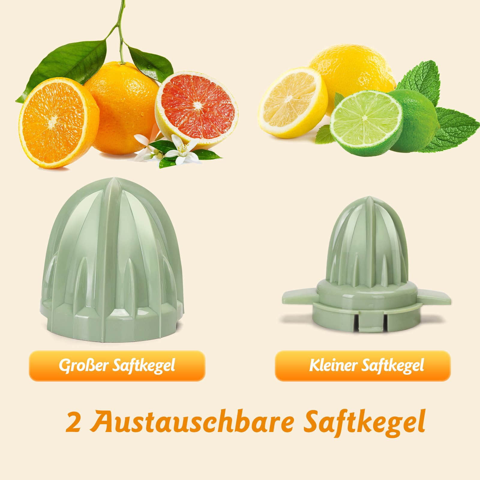 Aigostar Elektrische Saftpresse mit 2 Kegeln | 40W Zitruspresse für Orangen & Zitronen | BPA-frei, tropfsicher, 0.7L Behälter | Maximale Saftausbeute Grün Aigostar Küchenkleingeräte