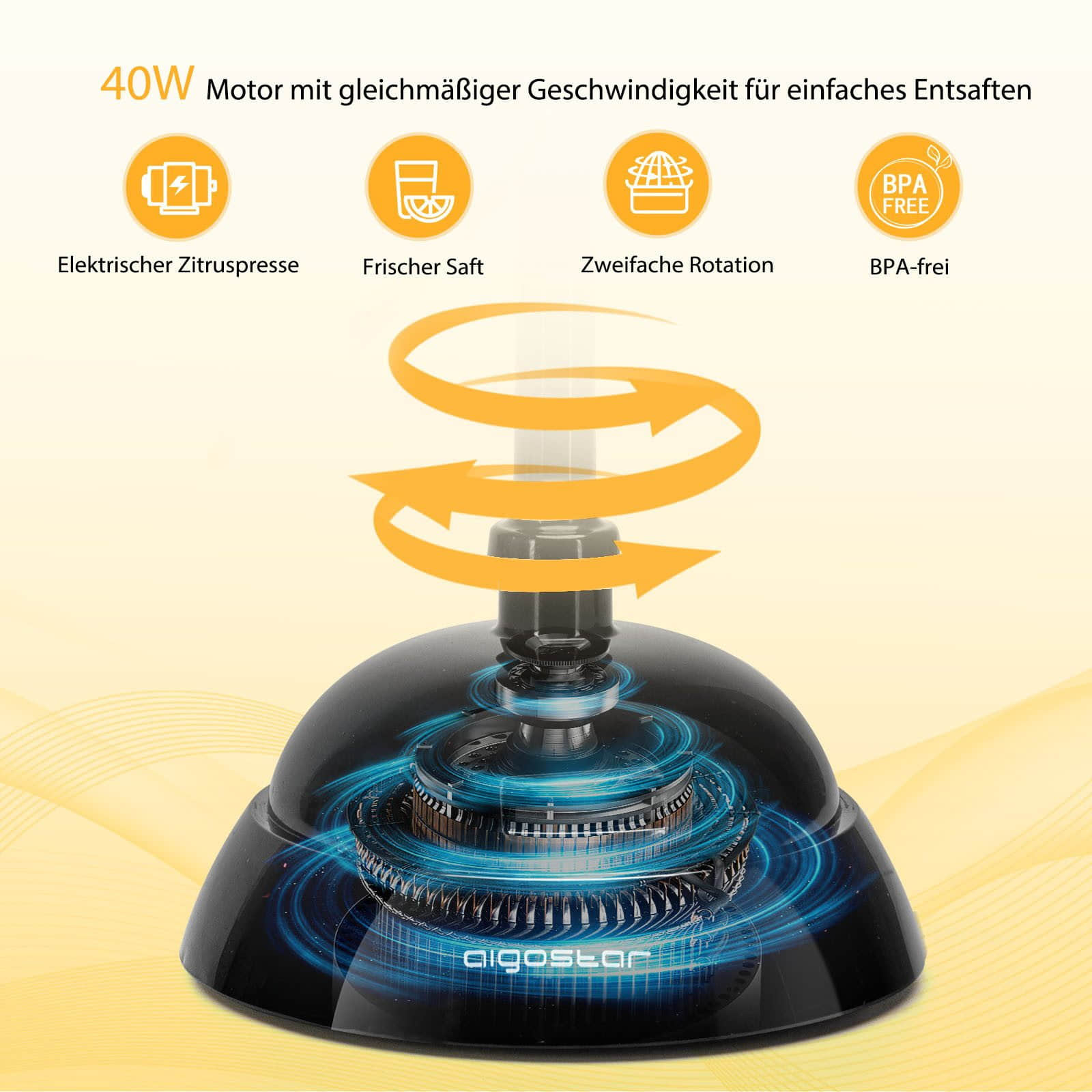 Küchenkleingeräte Aigostar Aigostar Elektrische Saftpresse mit 2 Kegeln | 40W Zitruspresse für Orangen & Zitronen | BPA-frei, tropfsicher, 0.7L Behälter | Maximale Saftausbeute Schwarz