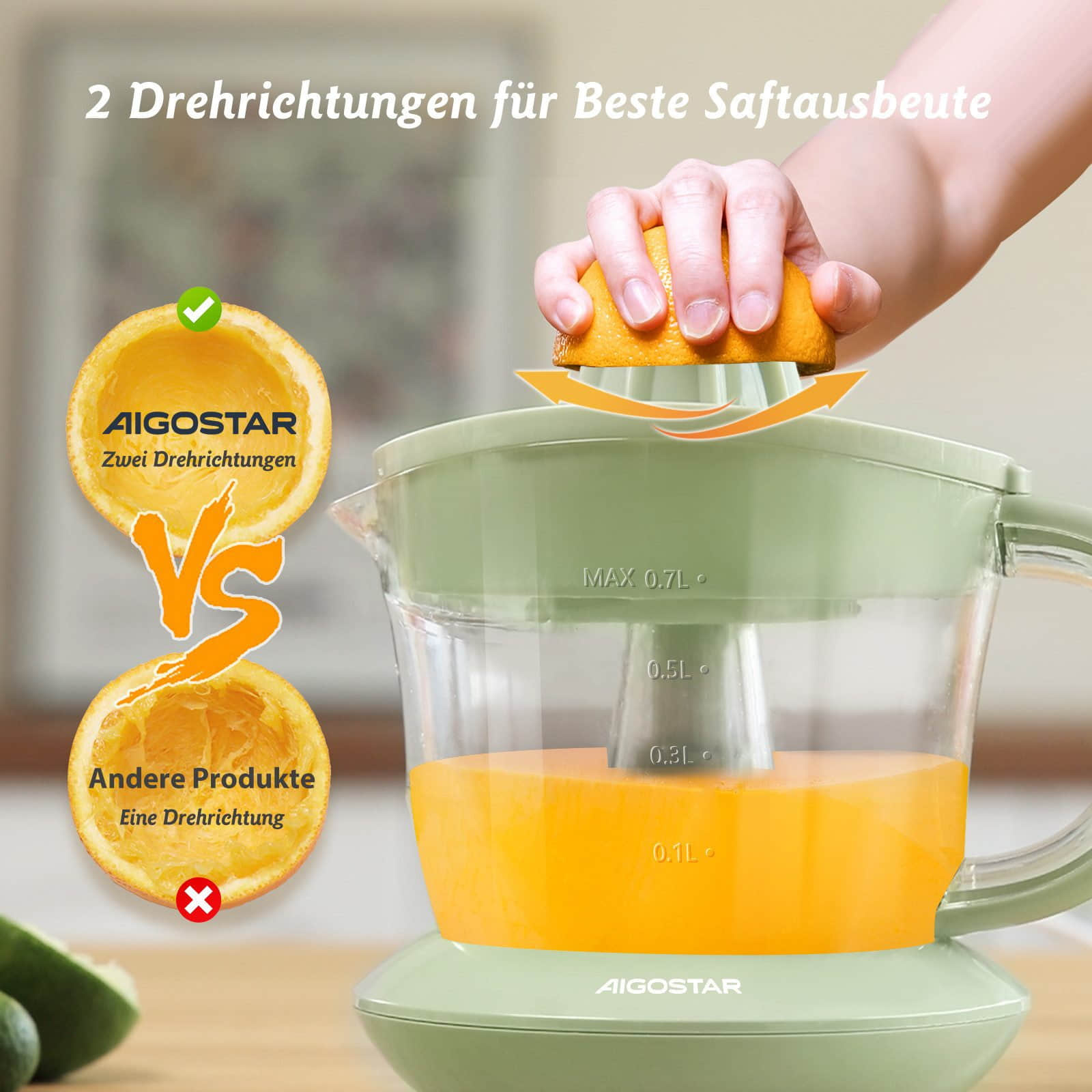 Aigostar Elektrische Saftpresse mit 2 Kegeln | 40W Zitruspresse für Orangen & Zitronen | BPA-frei, tropfsicher, 0.7L Behälter | Maximale Saftausbeute Grün Aigostar Küchenkleingeräte