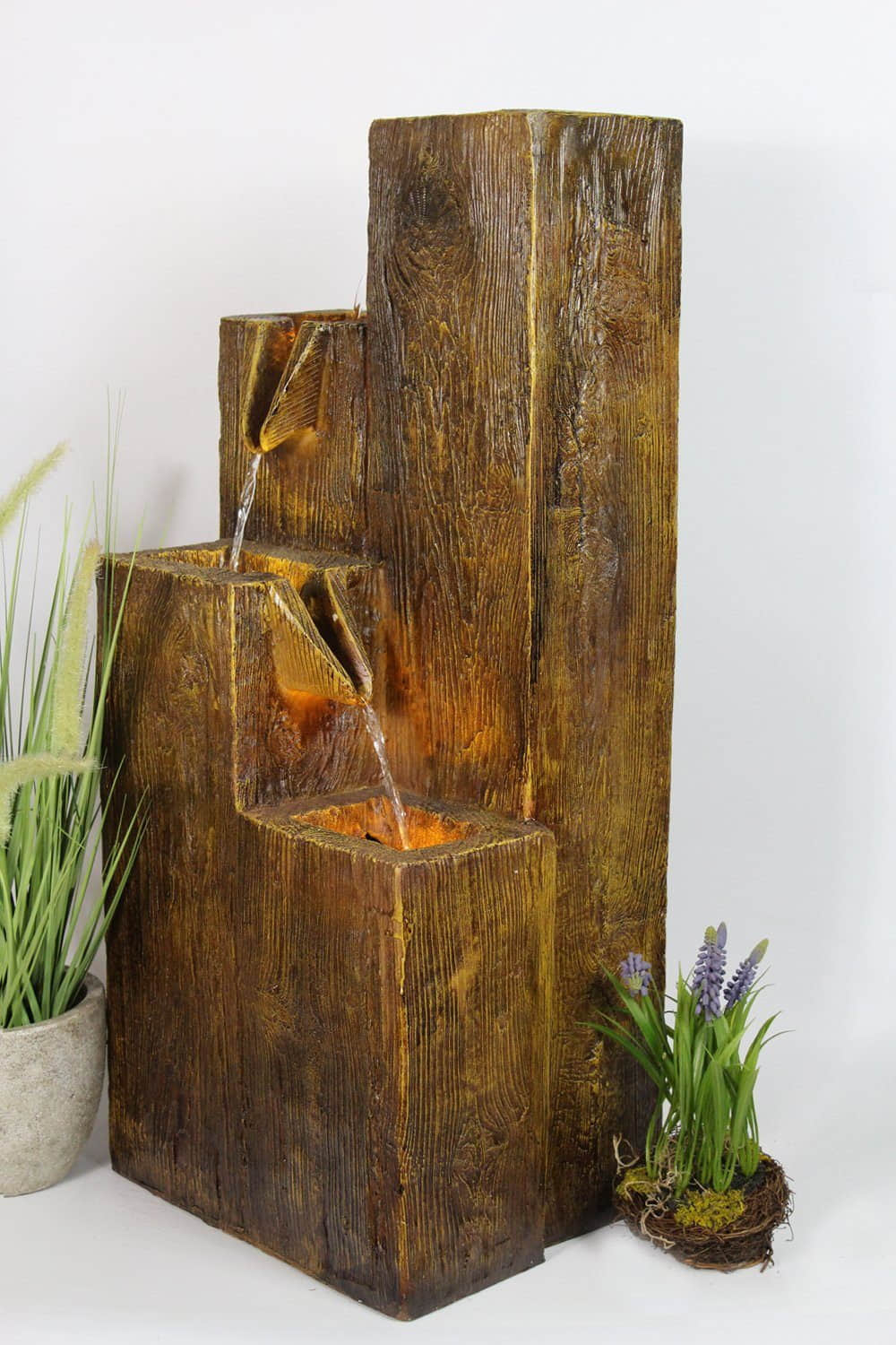Arnusa BK823 Wood-Effect Garden Fountain with LED Lighting – 75 cm Tall, Polyresin Construction, Waterfall Feature for Patio & Indoor Decor Dekoration Arnusa