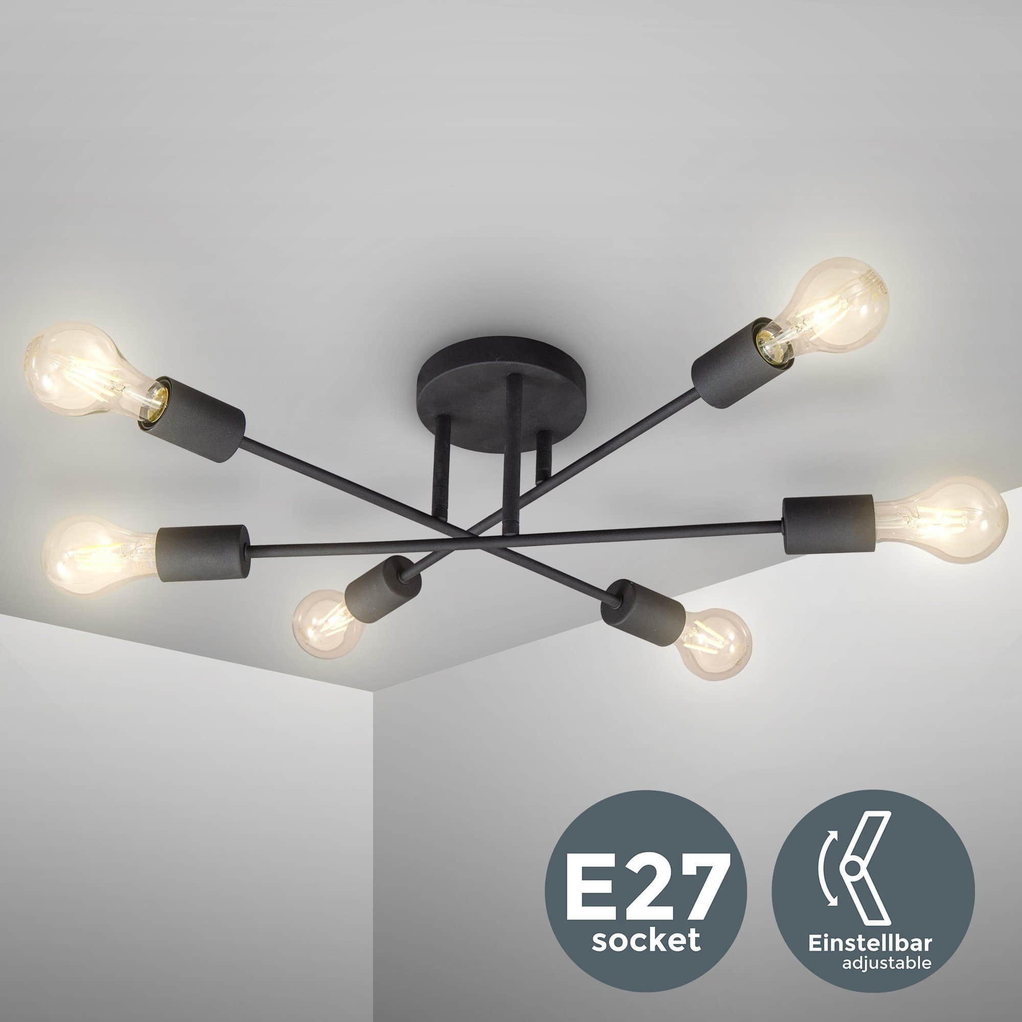 B.K.Licht Vintage Industrial Ceiling Light - 6 Adjustable Arms, Matte Black Finish, E27 Sockets (Bulbs Not Included) - Rustic LED Deckenleuchte B.K.Licht Lampen