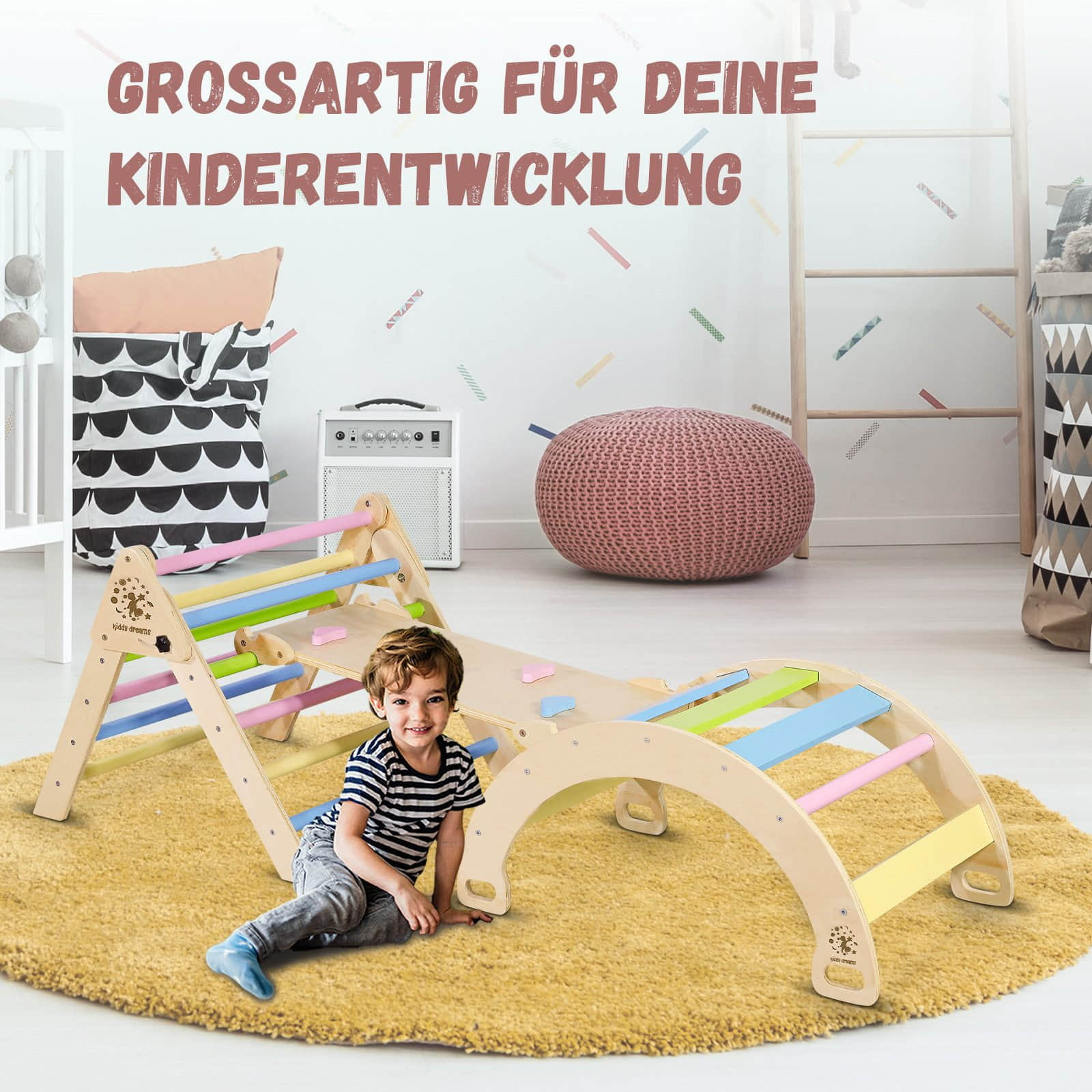 Garten & Balkon CCLIFE CCLIFE Montessori Kletterdreieck mit Rutsche & Kletterbogen | 6-in-1 Klettergerüst ab 1 Jahr | 100 kg Traglast | Kiefernholz | Indoor/Outdoor